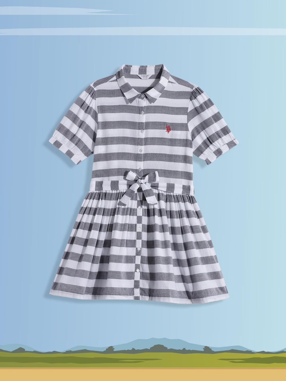 

U.S. Polo Assn. Kids Girls White & Grey Striped Pure Cotton A-Line Shirt Dress