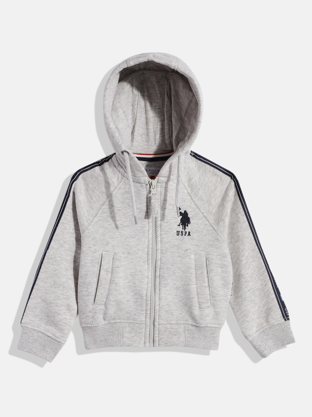 

U.S. Polo Assn. Kids Boys Grey Melange Solid Hooded Front-Open Sweatshirt