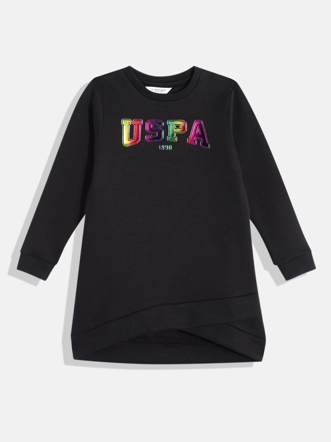 

U.S. Polo Assn. Kids Girls Brand Logo Print Cuffed Sleeves Knitted T-shirt Dress, Black