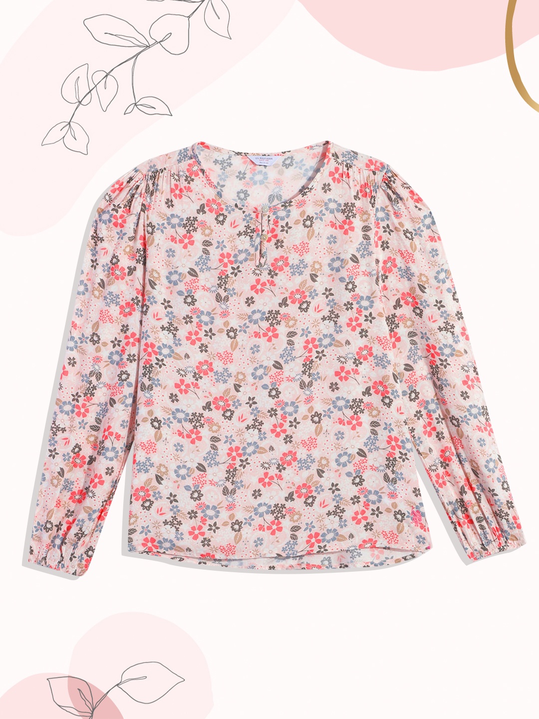 

U.S. Polo Assn. Kids Girls Pink & Olive Green Floral Print Round Neck Bishop Sleeves Top