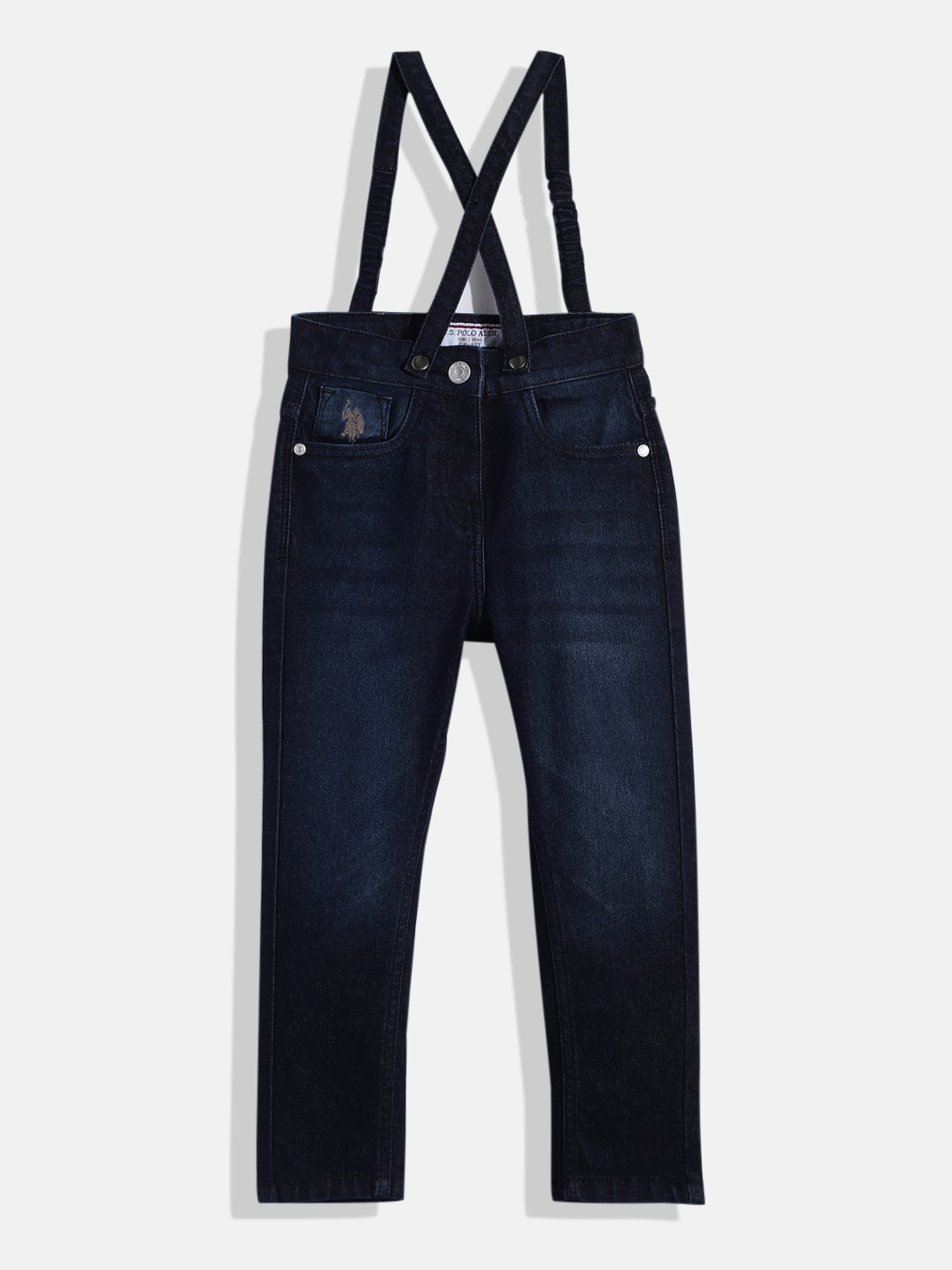 

U.S. Polo Assn. Kids Girls Blue Solid Stretchable Jeans with Cross Strap Suspenders