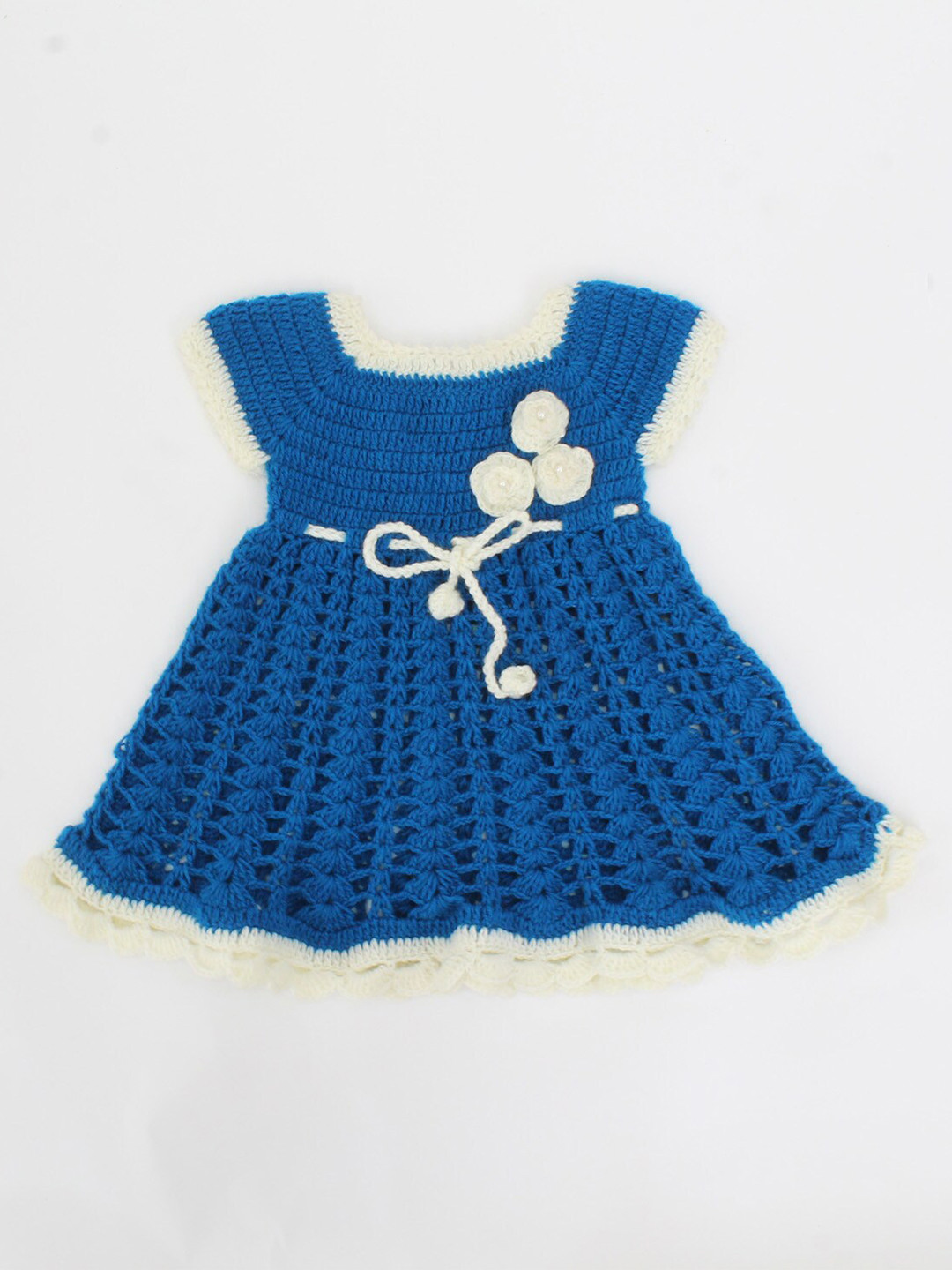 

Woonie Blue & White Sleeveless Crochet Flowers Applique Frock