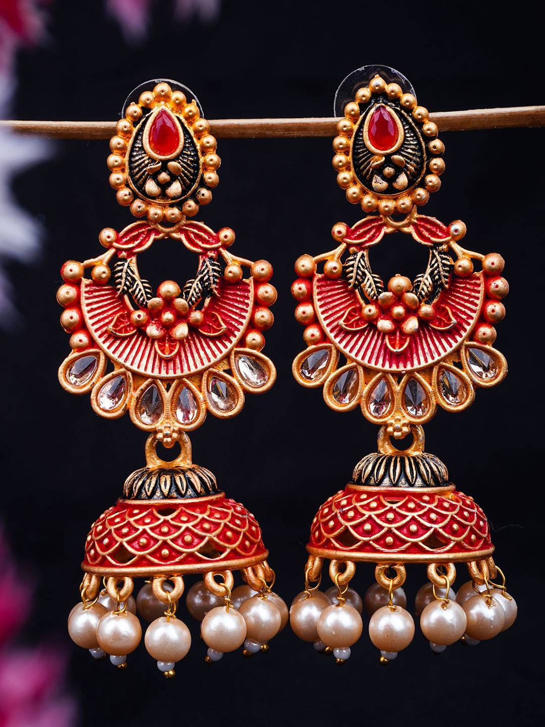 

Urmika Gold-Toned & Red Dome Shaped Jhumkas Earrings