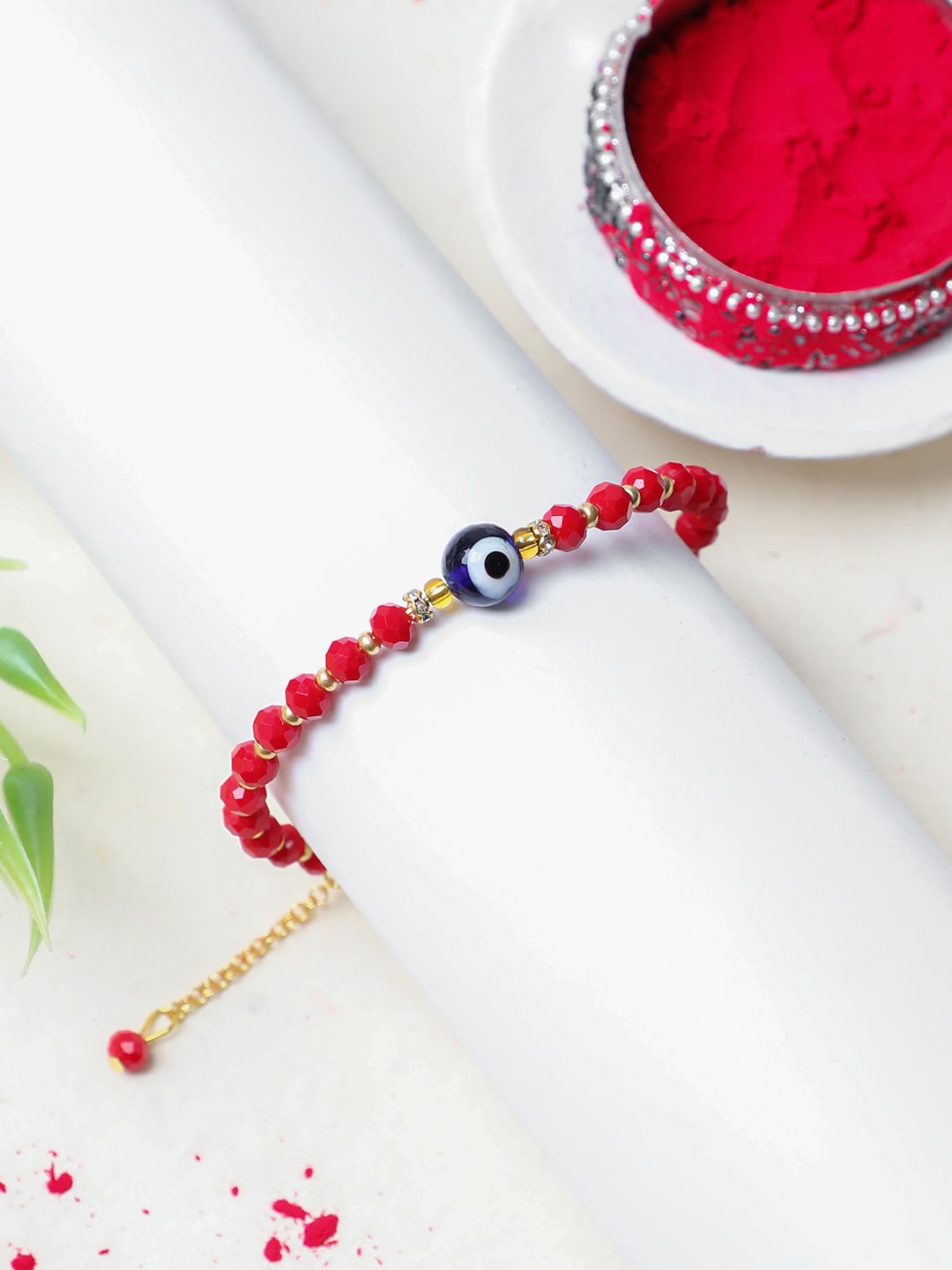 

ANIKAS CREATION Bracelet Evil Eye Rakhi With Roli Chawal Shagun and Greeting Card, Red