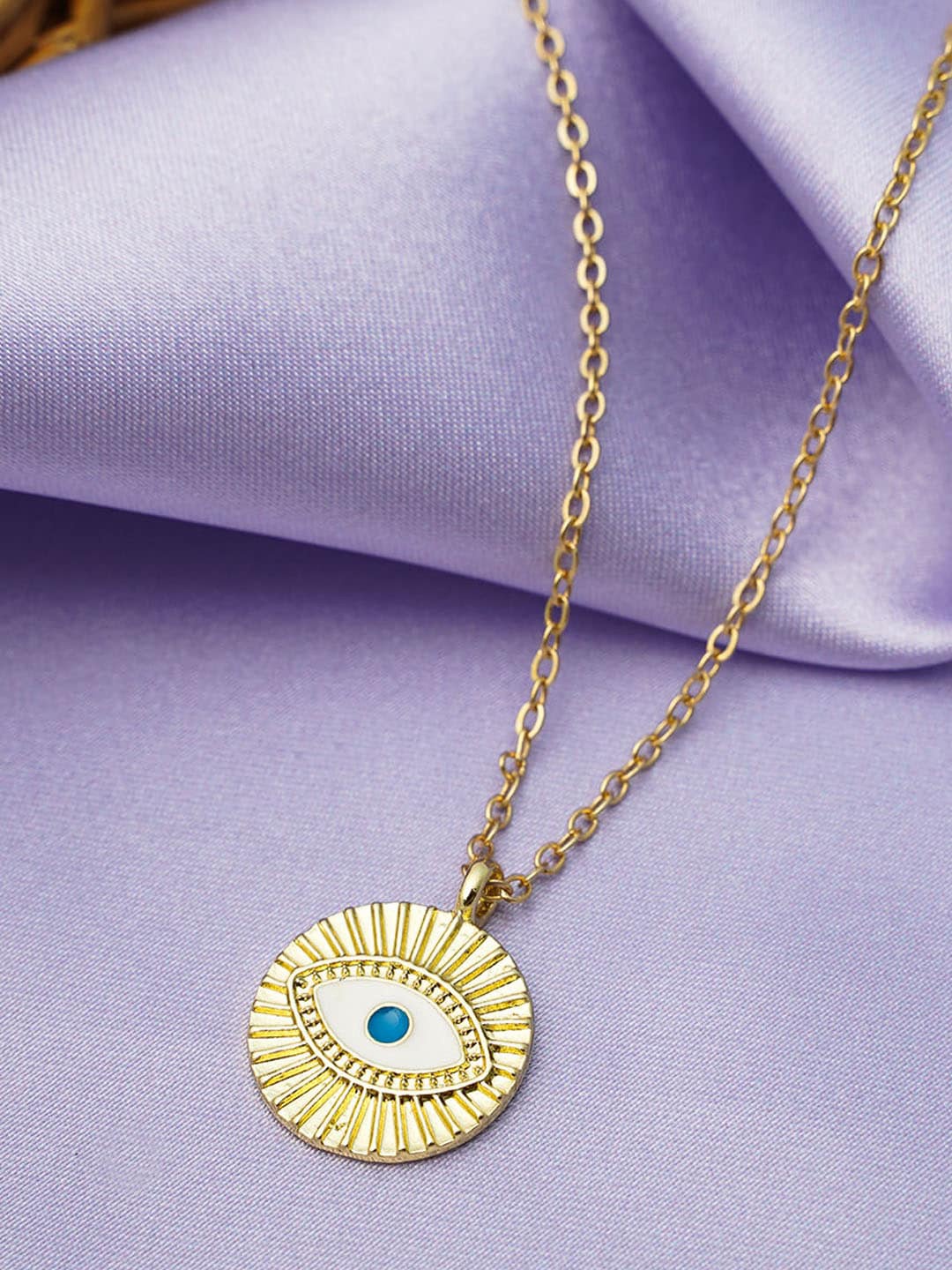 

Ferosh Women Gold-Toned & Blue Stone Studded Evil Eye Pendant With Chain