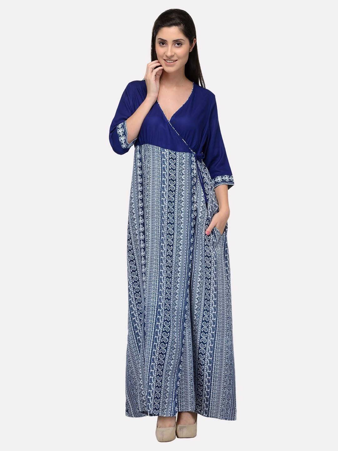 

PATRORNA Women Royal Blue Printed Wrap Maxi Nightdress