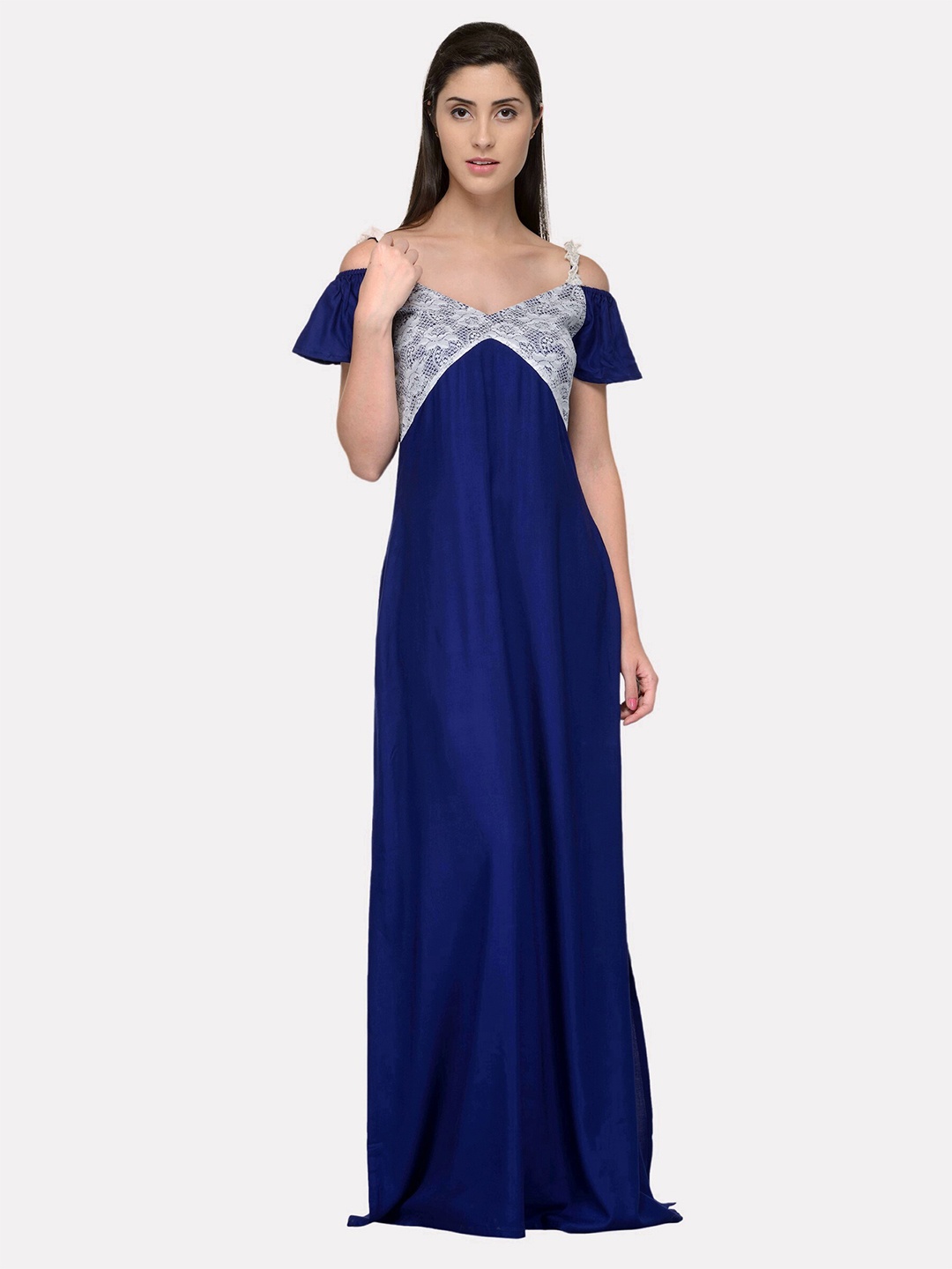 

PATRORNA Blue Solid Laced Maxi Nightdress