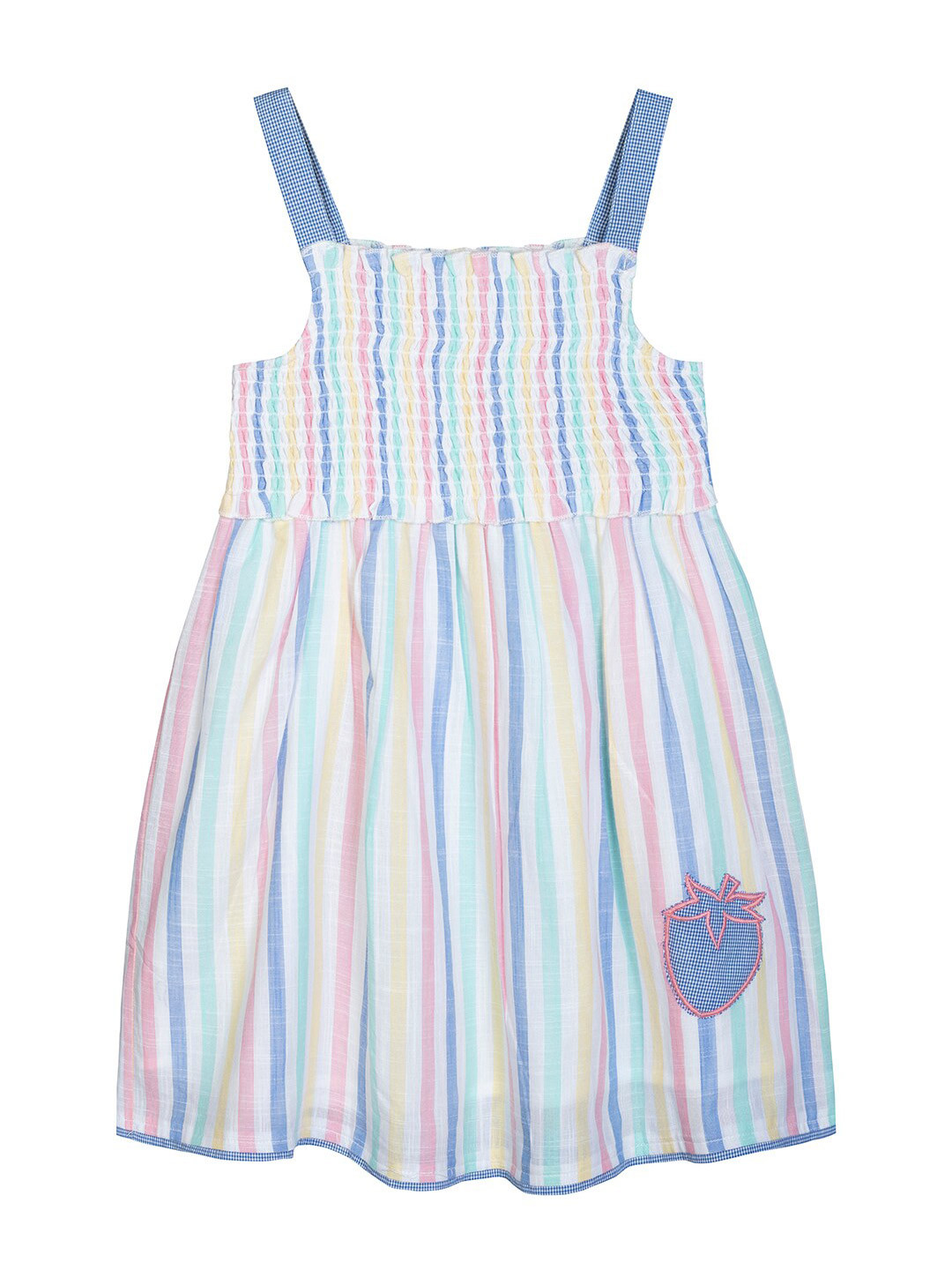 

Budding Bees Blue & Pink Striped Pinafore Dress with Applique