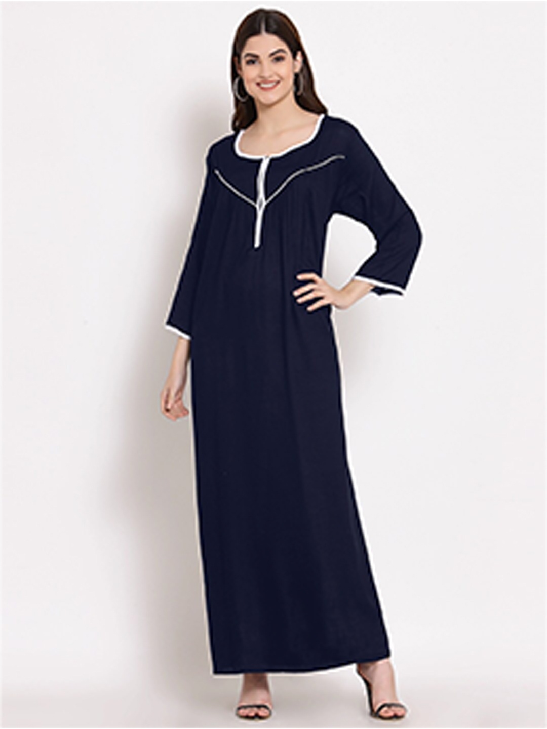 

PATRORNA Blue Maxi Women Cotton Blend Solid Maxi Nightdress