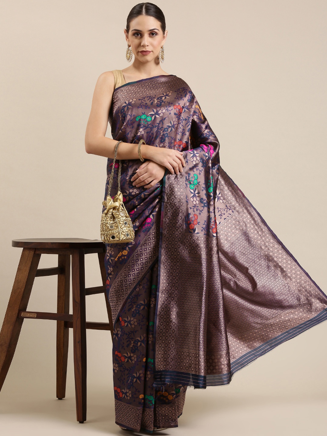 

Mitera Navy Blue & Red Floral Zari Saree
