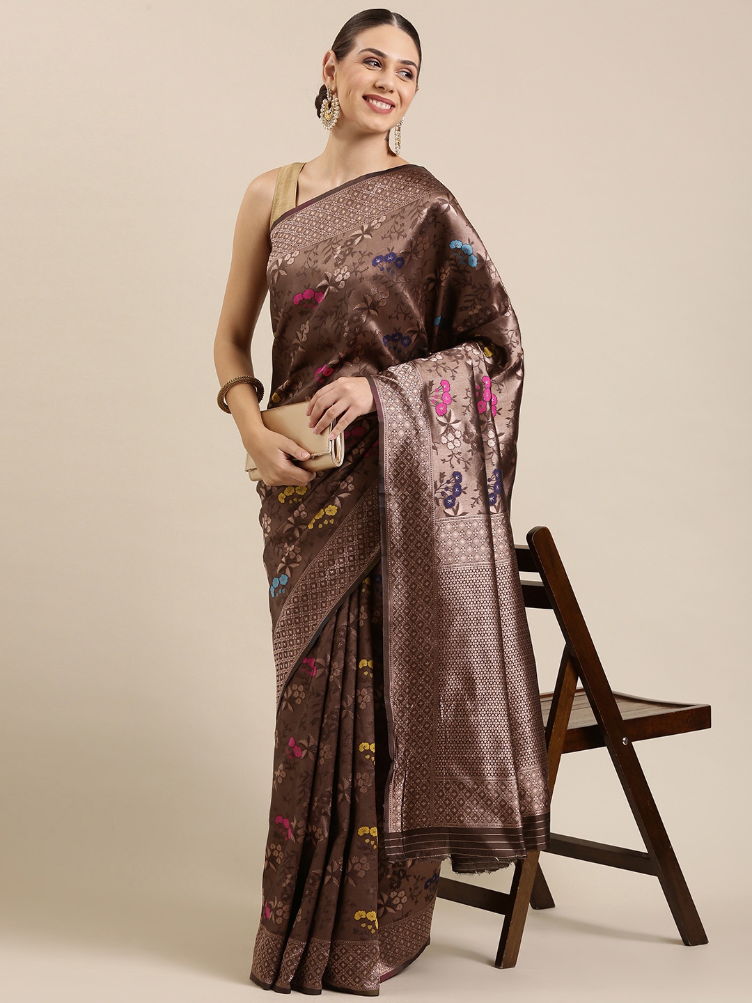 

Mitera Brown & Pink Floral Zari Saree