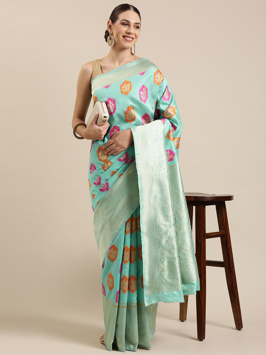 

Mitera Blue & Pink Ethnic Motifs Zari Saree