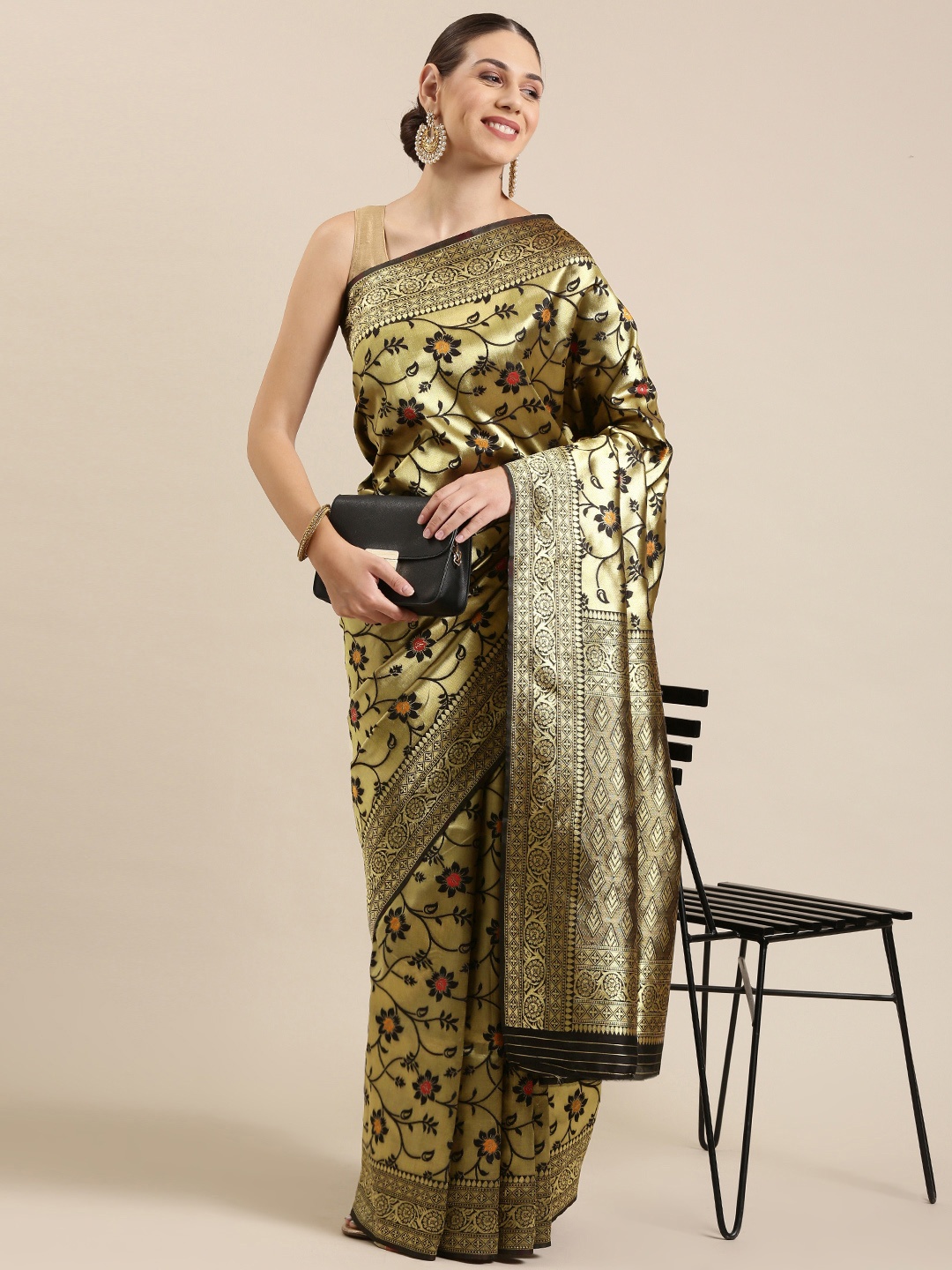 

Mitera Black & Gold-Toned Floral Zari Saree