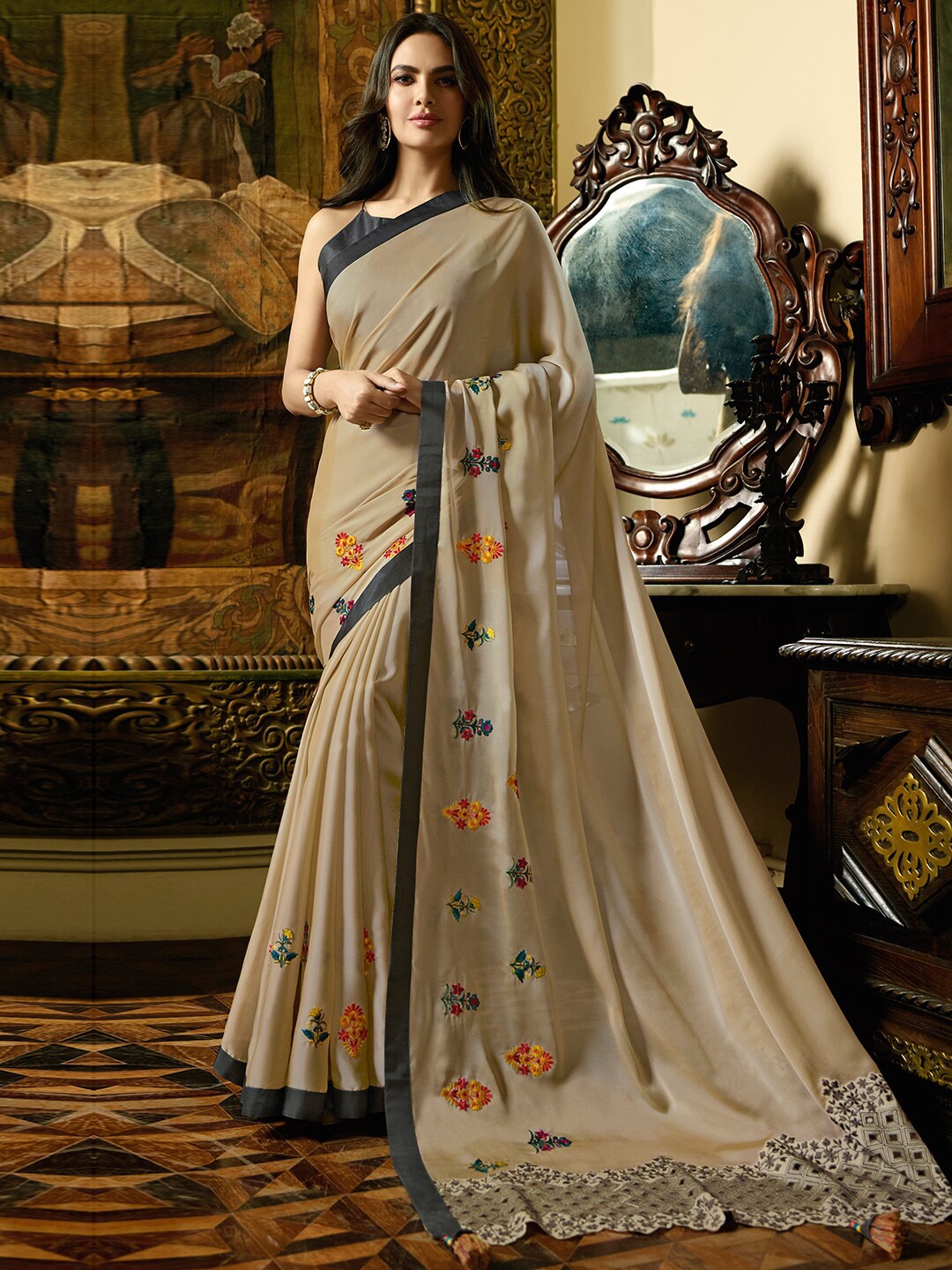 

Shaily Cream-Coloured & Orange Floral Embroidered Satin Saree