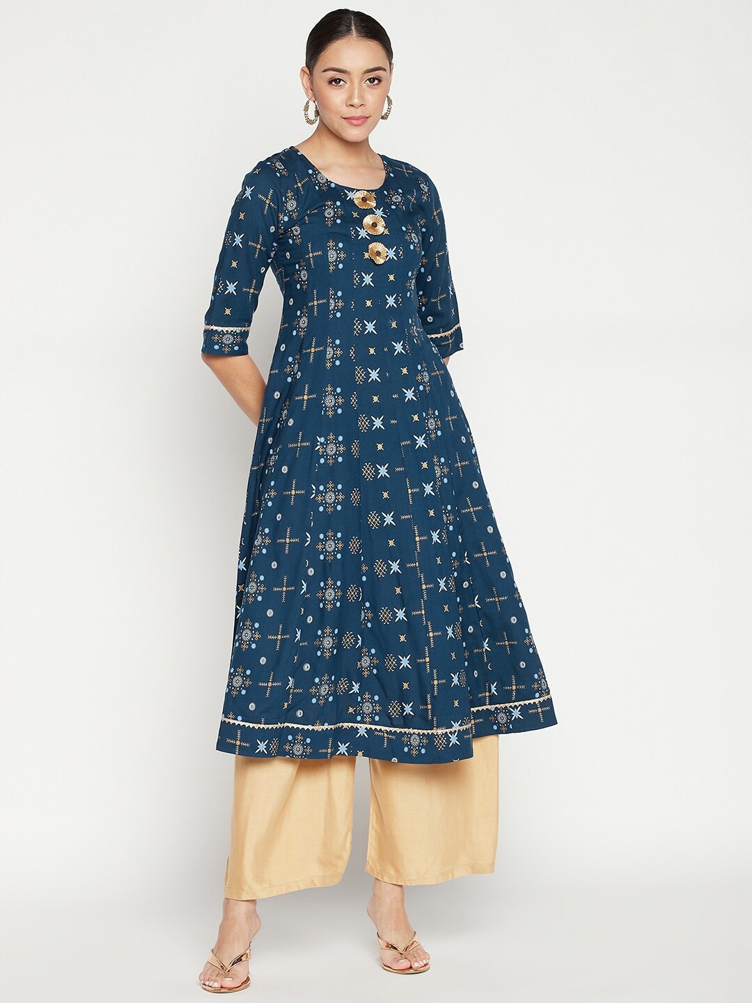 

One of a Kind Women Navy Blue Ethnic Motifs Printed Anarkali