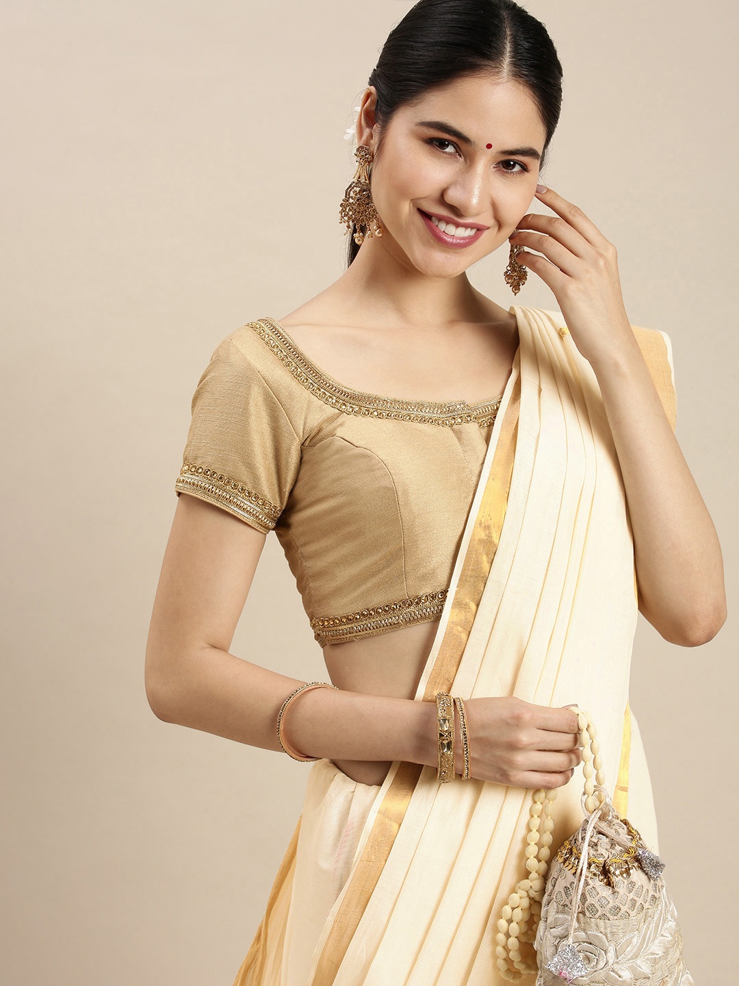 

Thara Sarees Off White & Gold-Toned Ethnic Motifs Zari Pure Cotton Kasavu Saree