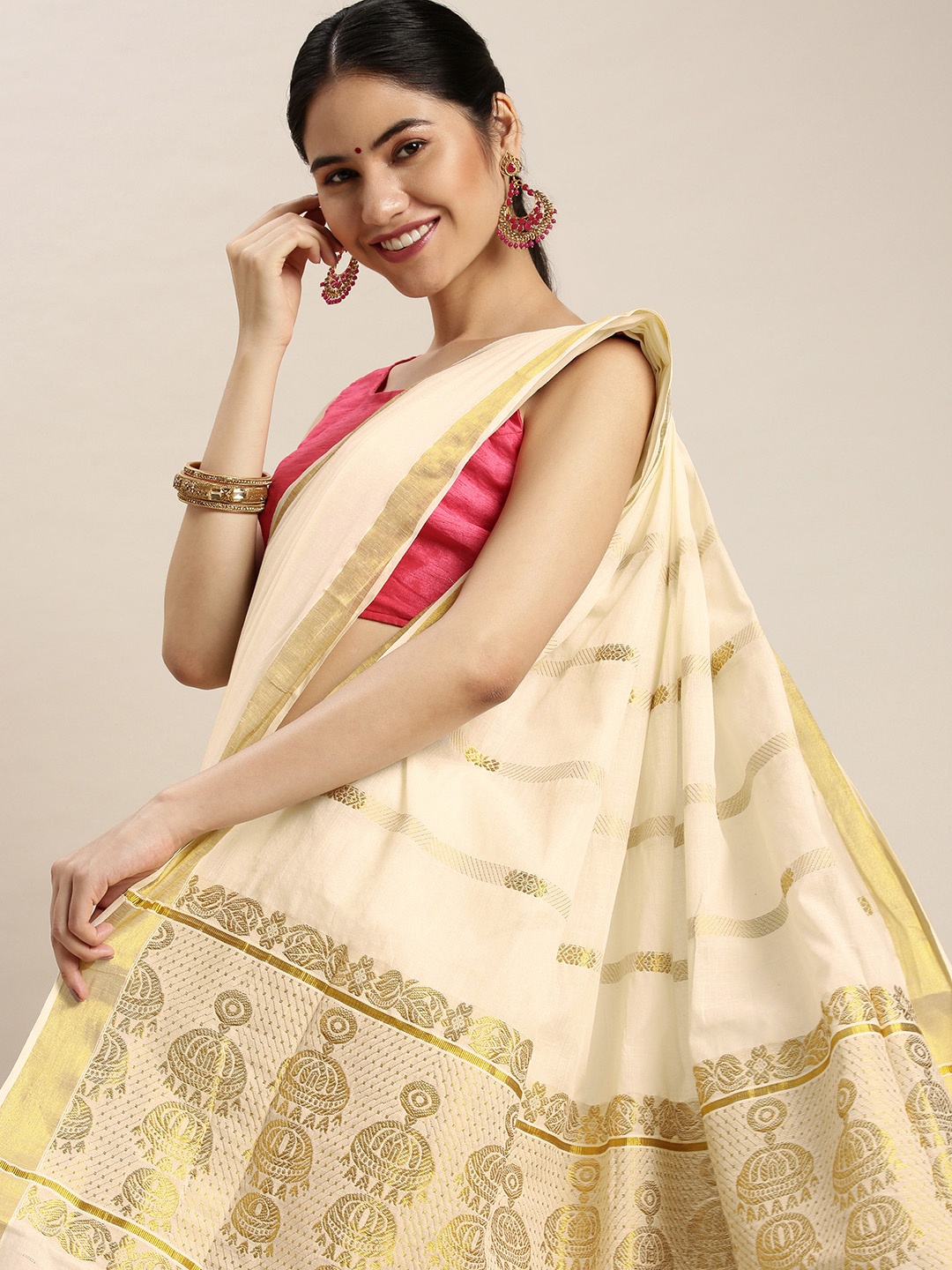 

Thara Sarees Off White & Gold-Toned Ethnic Motifs Zari Pure Cotton Kasavu Saree