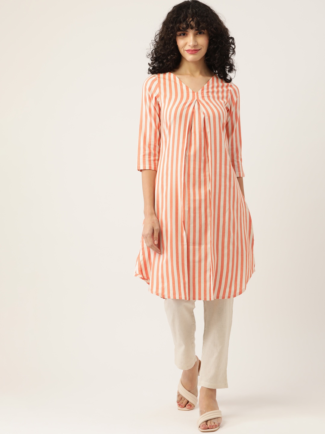

FABNEST Women Peach-Coloured Striped Pure Cotton Kurta with Trousers