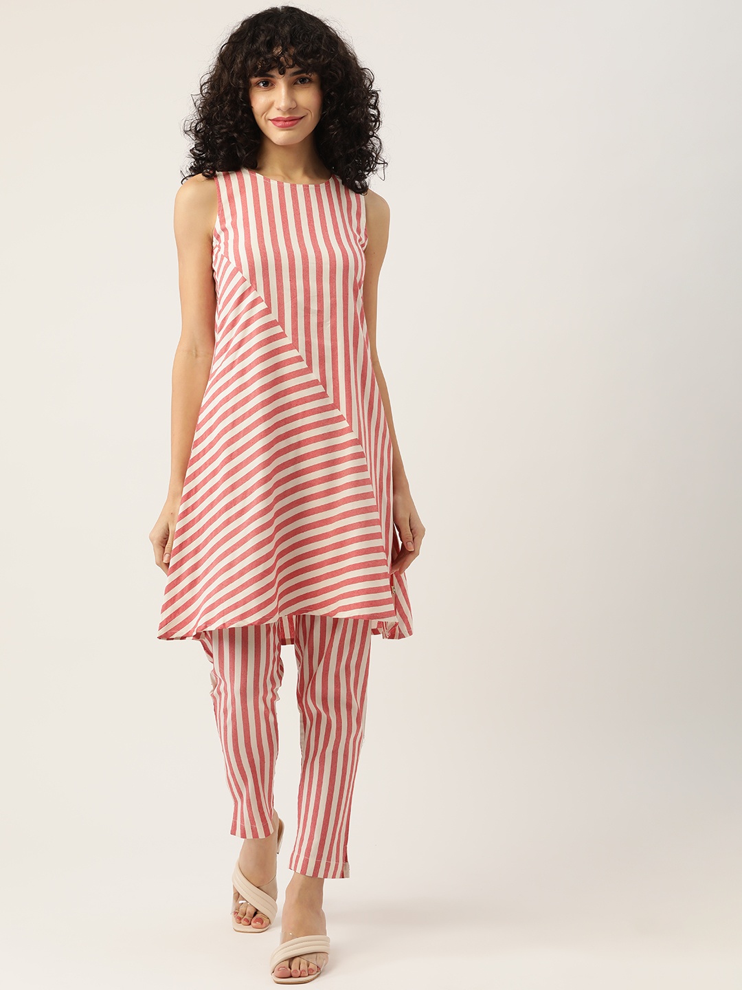 

FABNEST Women Red Striped Pure Cotton Kurta with Trousers