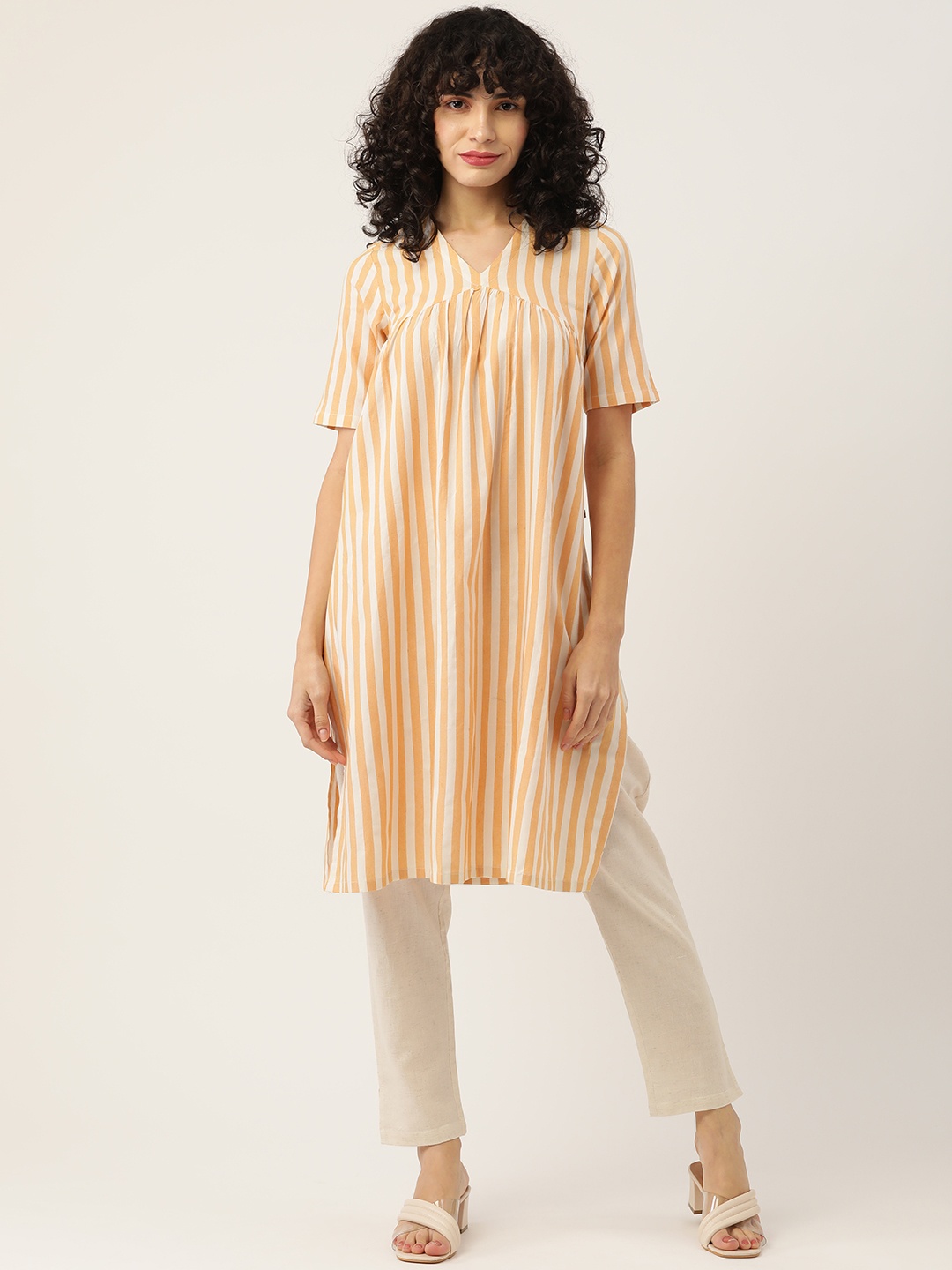 

FABNEST Women Orange Striped Pleated Pure Cotton Kurta with Trousers