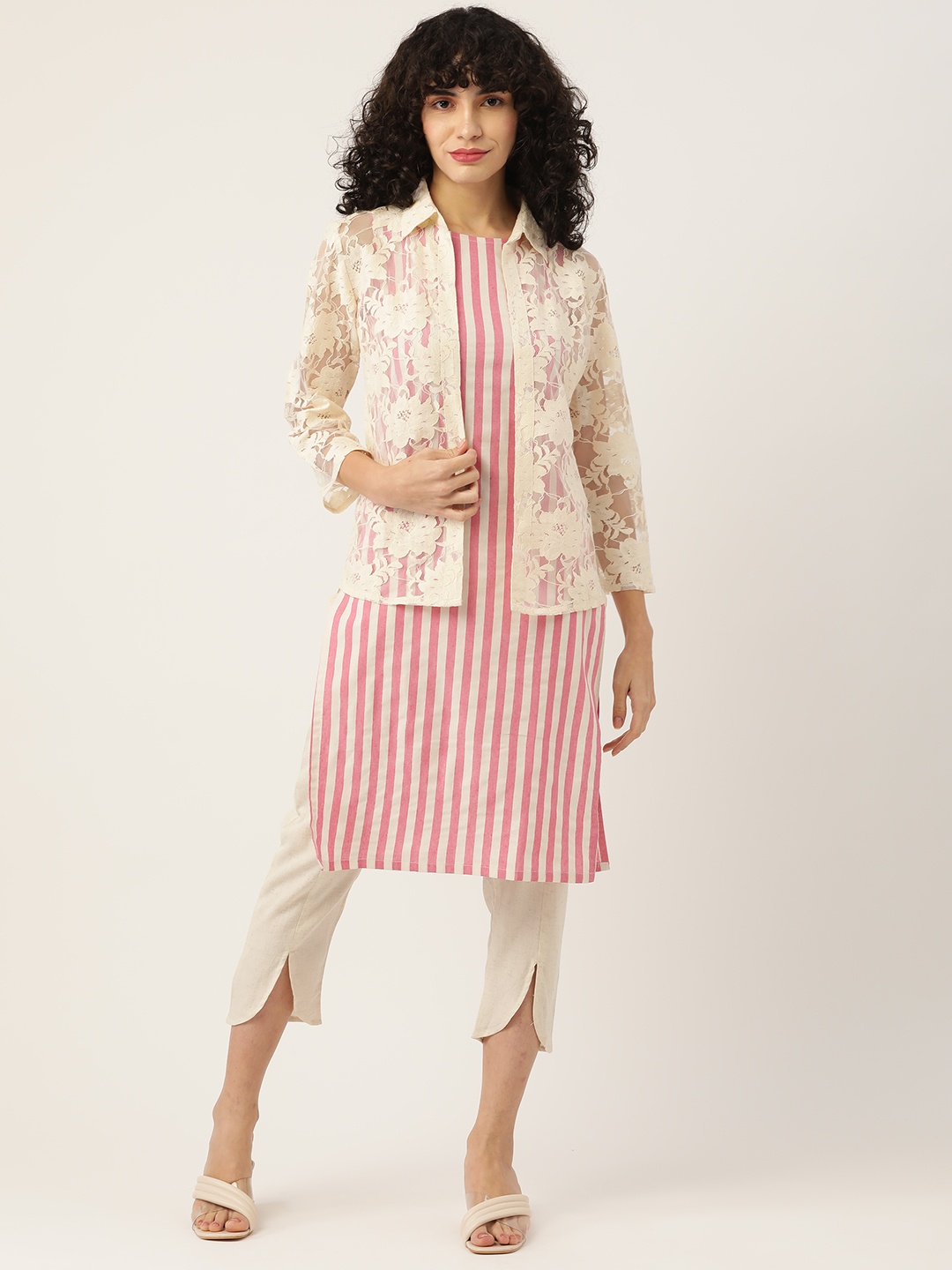 

FABNEST Women Pink Striped Layered Pure Cotton Kurta Trousers with Jacket