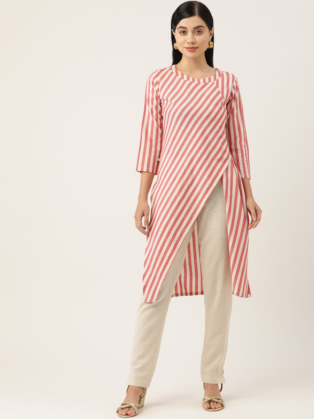 

FABNEST Women Pink Striped Pure Cotton Kurta with Trousers