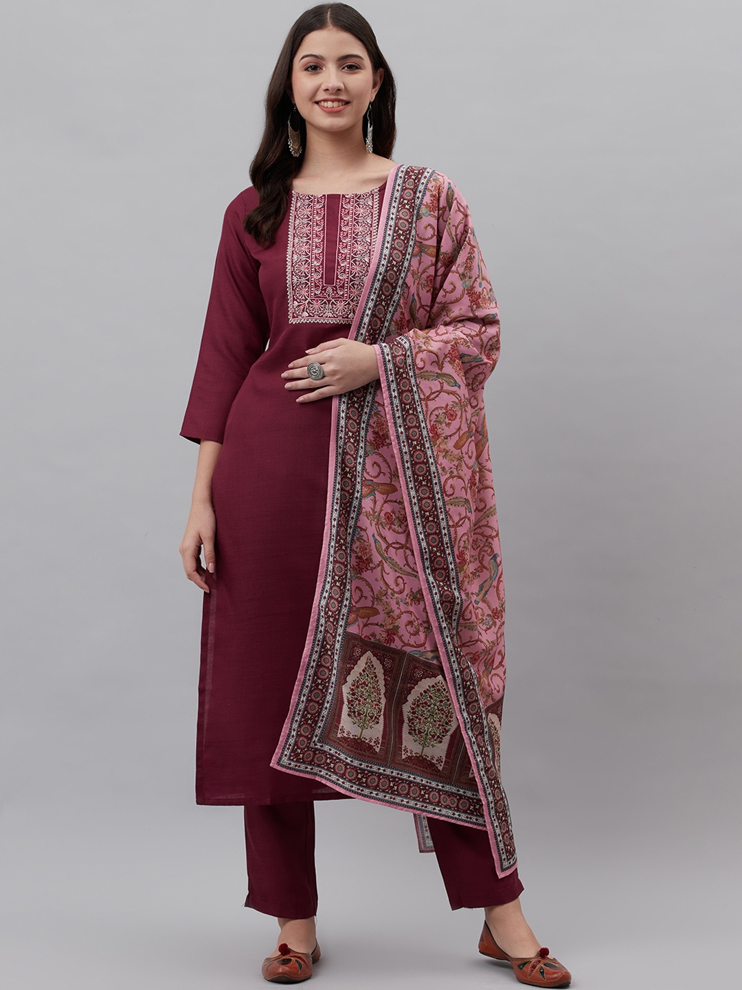 

RAJGRANTH Women Maroon Yoke Design Thread Work Kurta with Trousers & With Dupatta