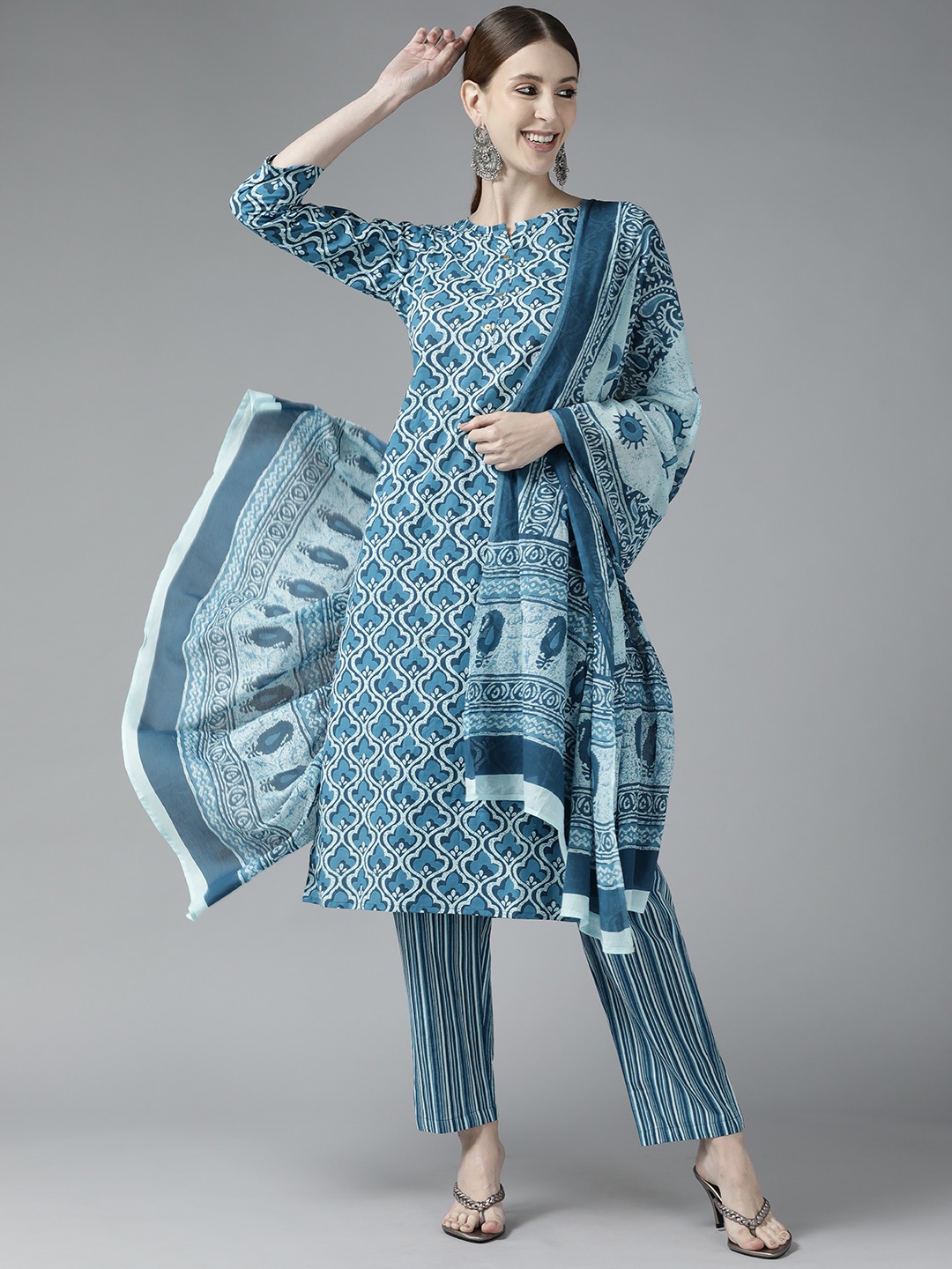 

Yufta Women Blue Ethnic Motifs Printed Pure Cotton Kurta with Trousers & With Dupatta