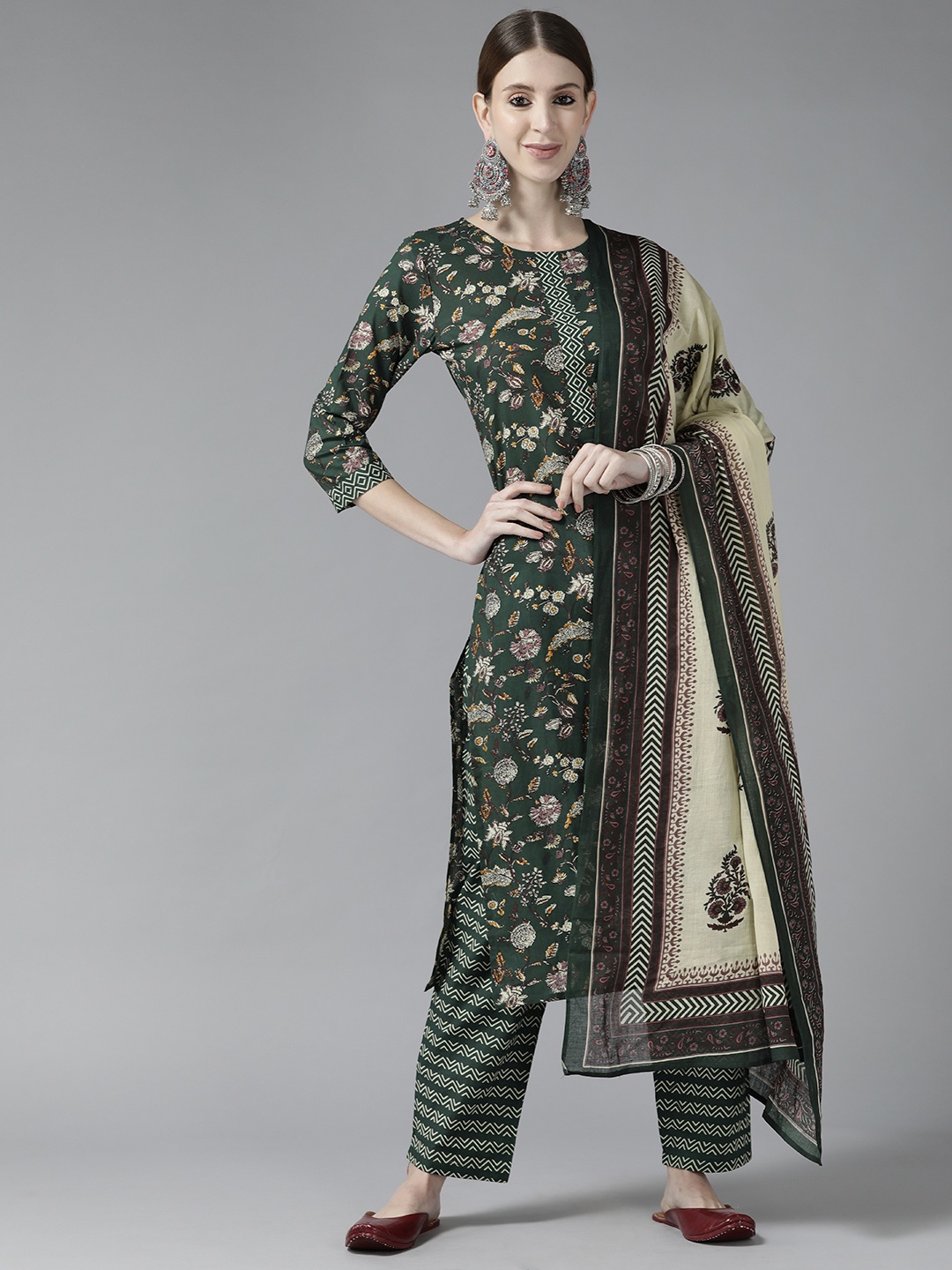 

Yufta Women Green Floral Printed Pure Cotton Kurta with Trousers & With Dupatta