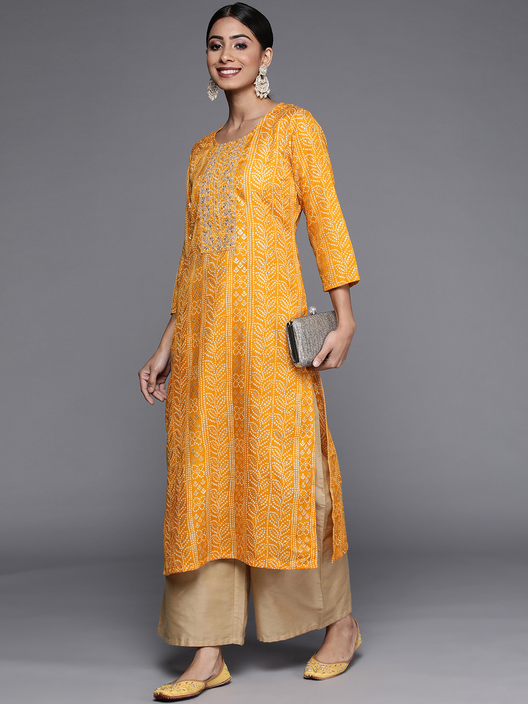 

Varanga Women Mustard Yellow Bandhani Print Mirror Work Kurta