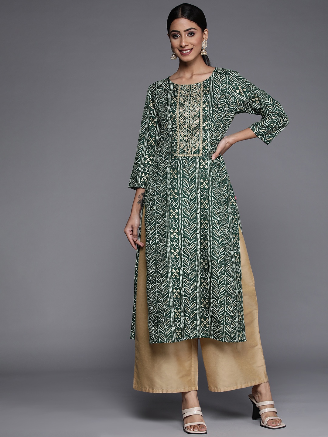

Varanga Women Green Bandhani Print Mirror Work Kurta