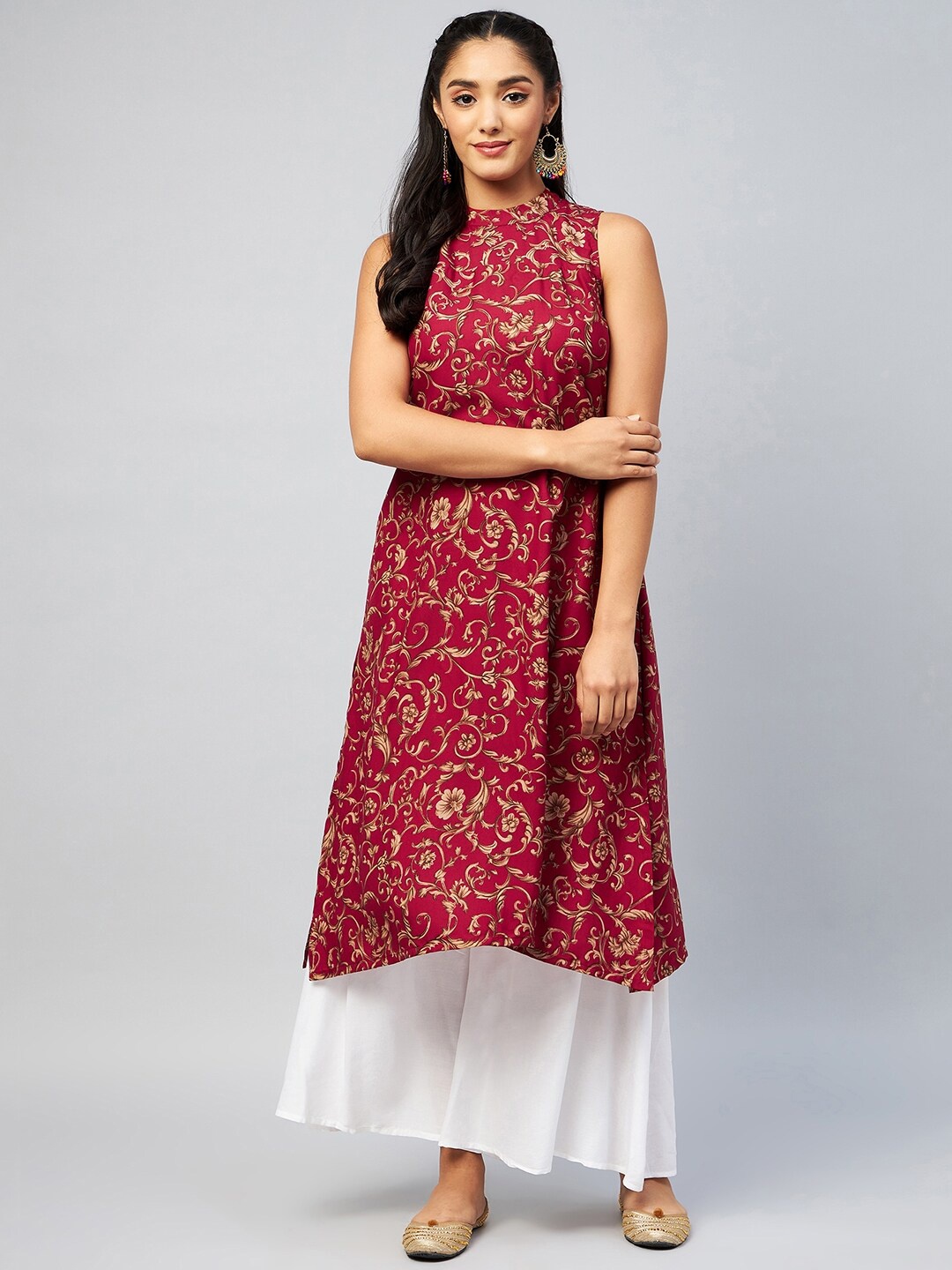 

InWeave Women Maroon Ethnic Motifs Printed Fusion Kurta with Palazzos