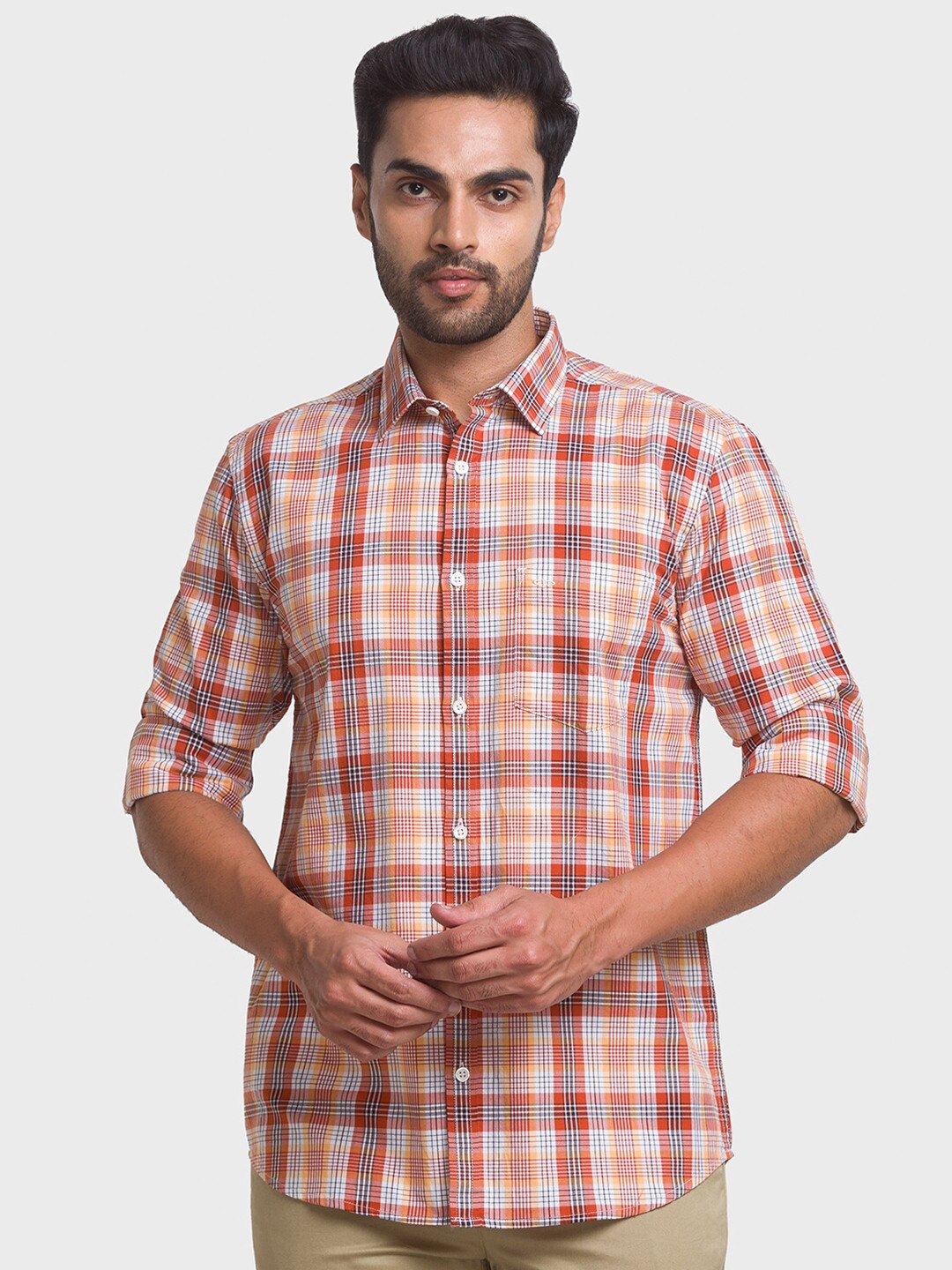 

ColorPlus Men Orange Tailored Fit Checked Casual Shirt