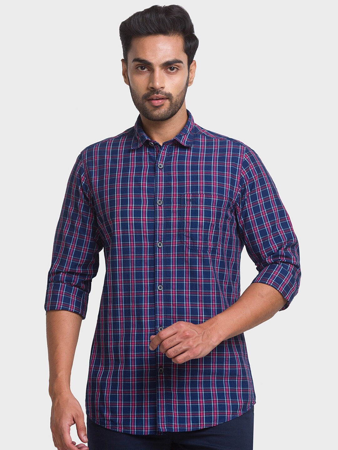

ColorPlus Men Navy Blue and Red Cotton Tartan Checks Checked Casual Shirt