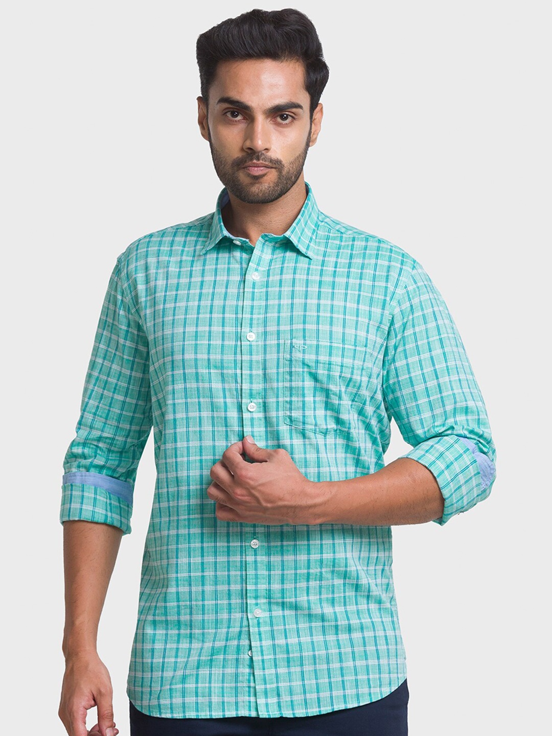 

ColorPlus Men Green Tailored Fit Checked Casual Shirt