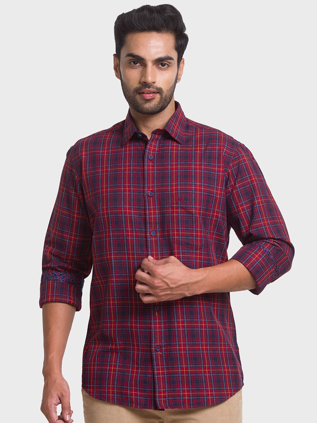 

ColorPlus Men Red Tailored Fit Tar Tan Checked Casual Shirt