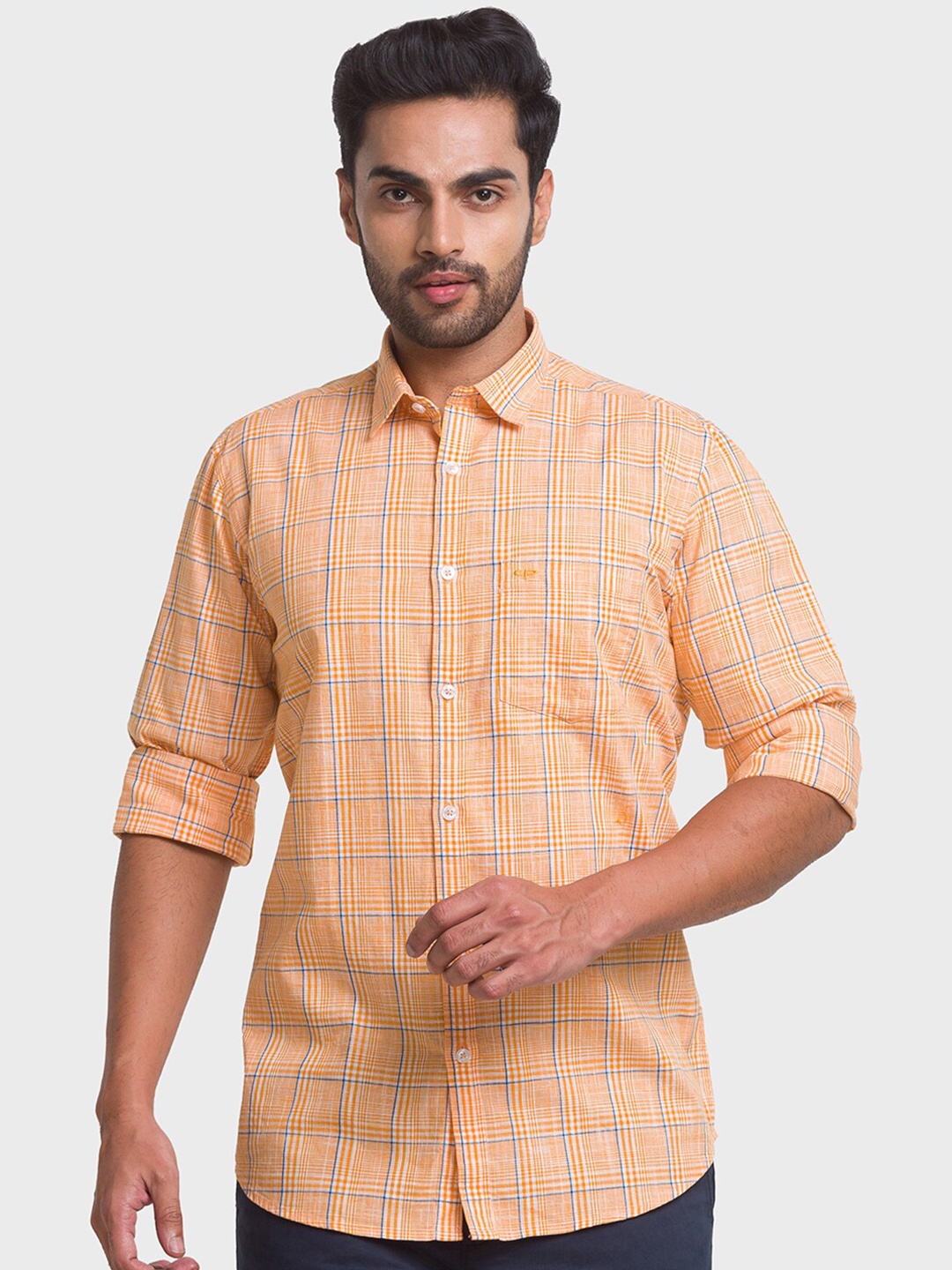 

ColorPlus Men Yellow Pure Cotton Tailored Fit Checked Casual Shirt