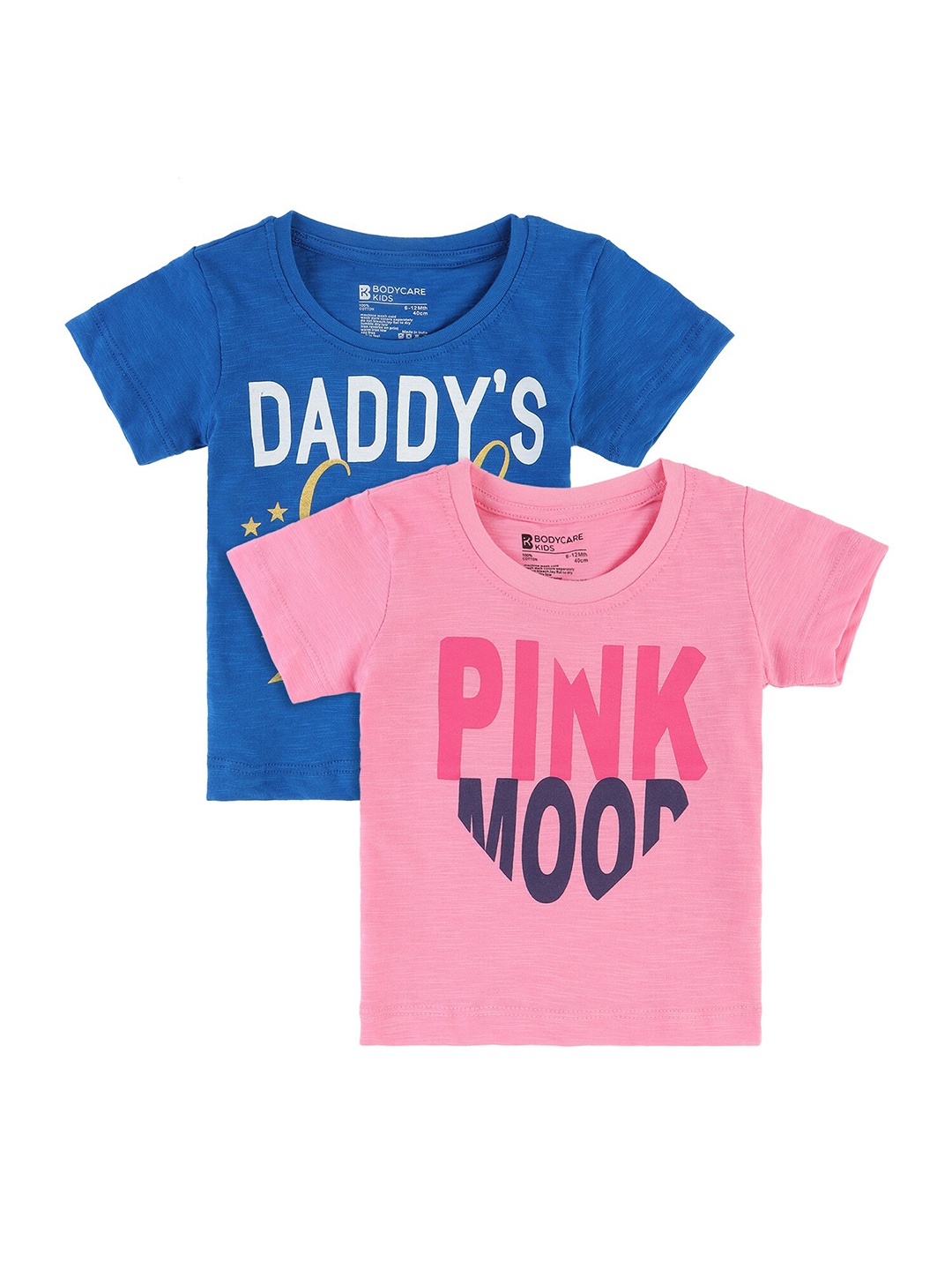 

Bodycare Kids Girls Set Of 2 Pink & Blue Typography Printed Cotton T-shirt