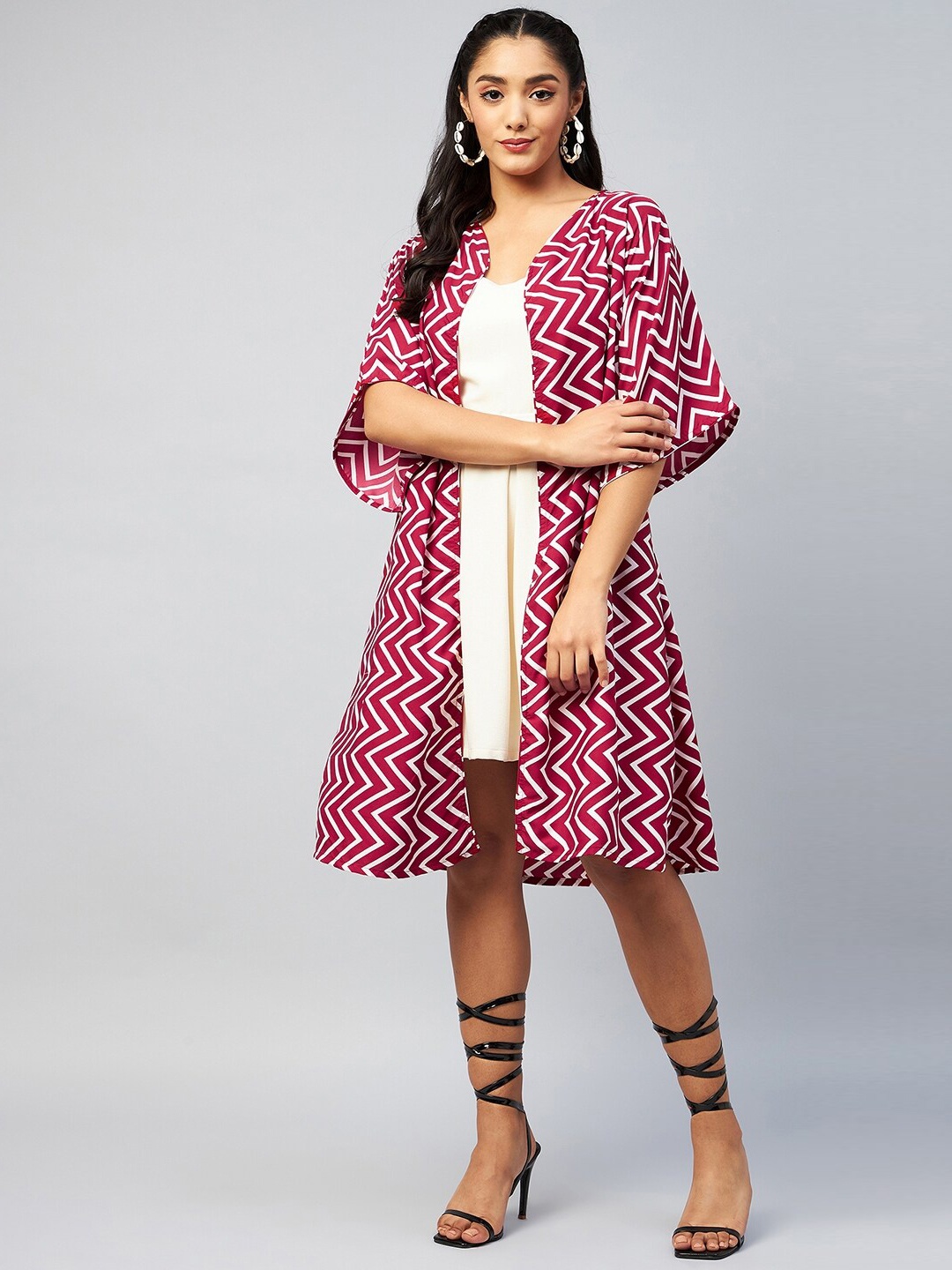 

InWeave Women Maroon & White Printed Longline Fusion Shrug