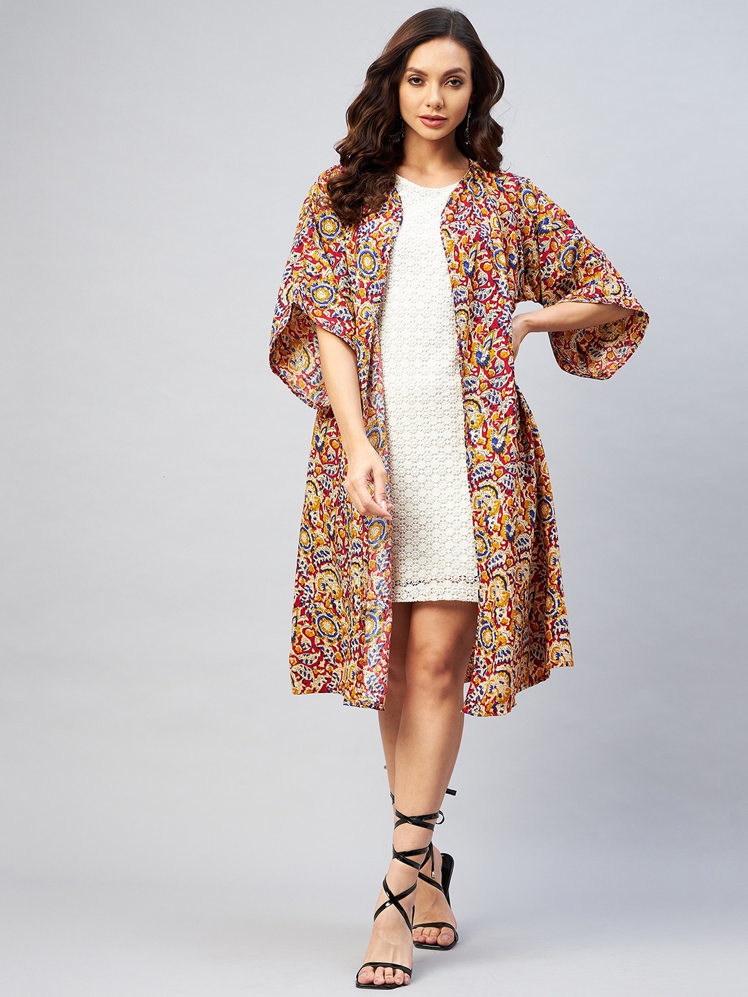 

InWeave Women Cream-Coloured & Red Printed Longline Fusion Shrug