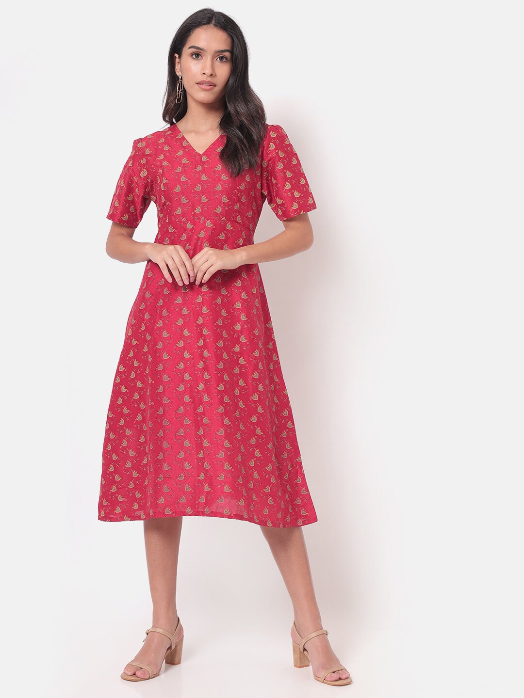

Saaki Red & dingy dungeon Floral A-Line Midi Dress