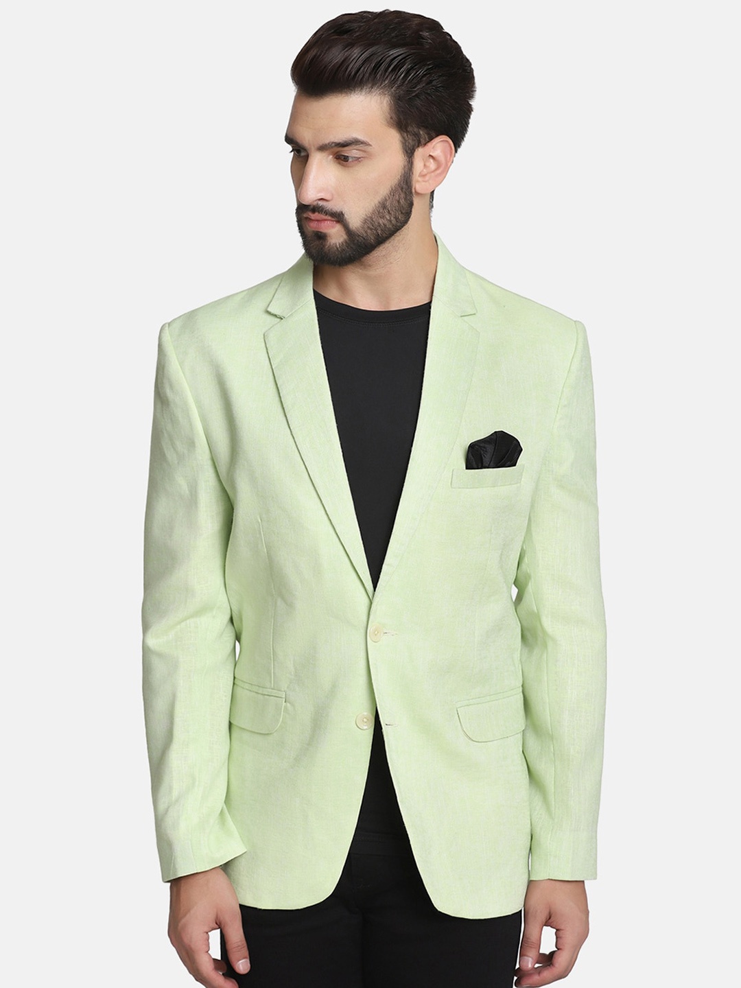 

TAHVO Men Green Solid Single-Breasted Linen Blazer