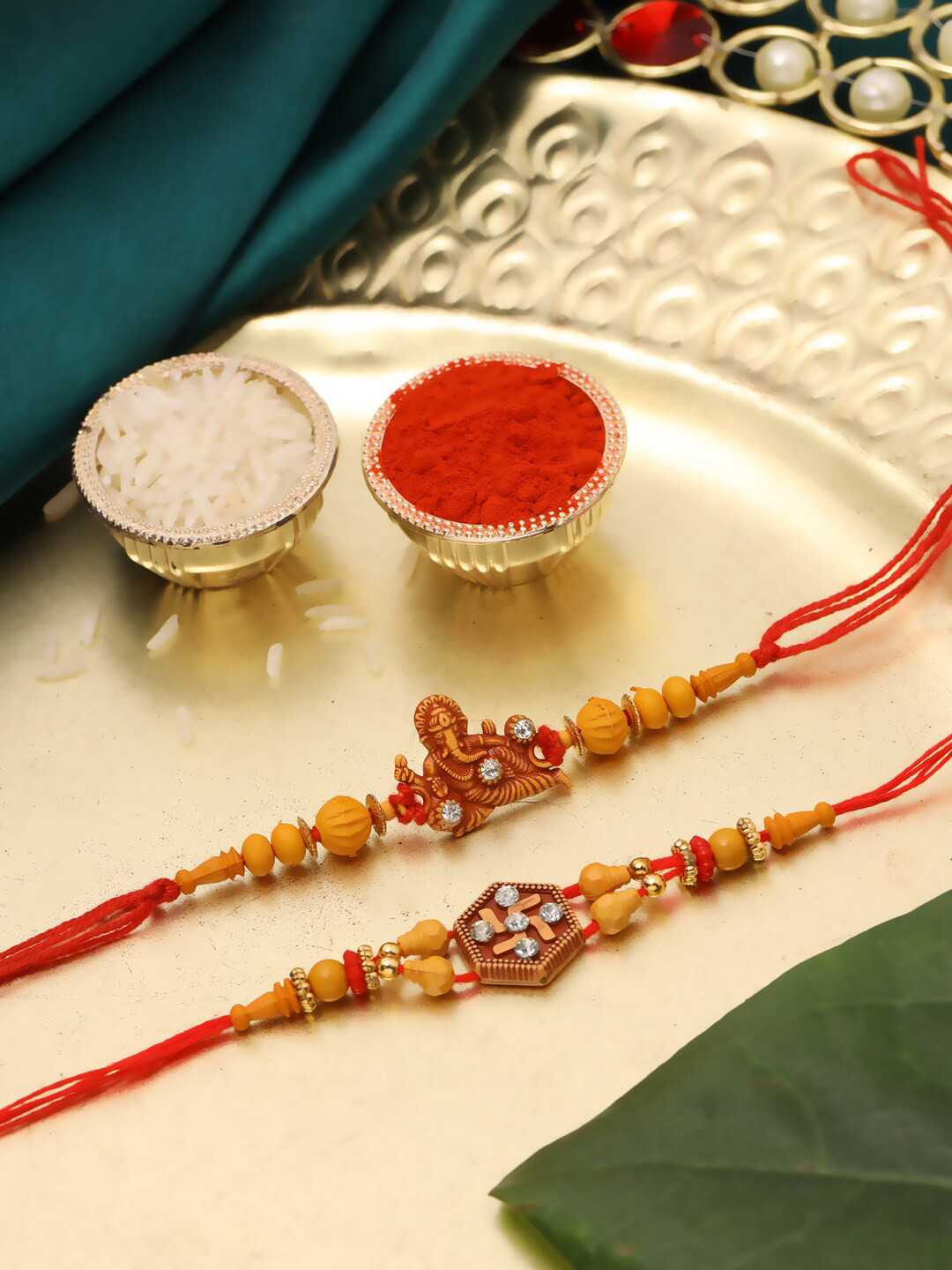 

Natures Buggy Men Pack of 2 Red & Yellow Beaded White Stone Studded Rakhi