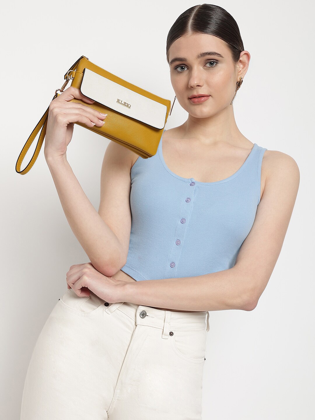 

KLEIO Mustard Yellow Colourblocked PU Structured Sling Bag
