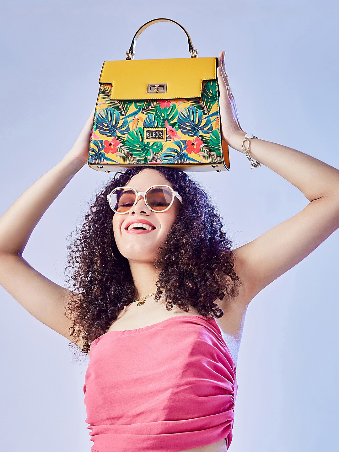 

KLEIO Floral Printed Top Handle Handbag, Mustard