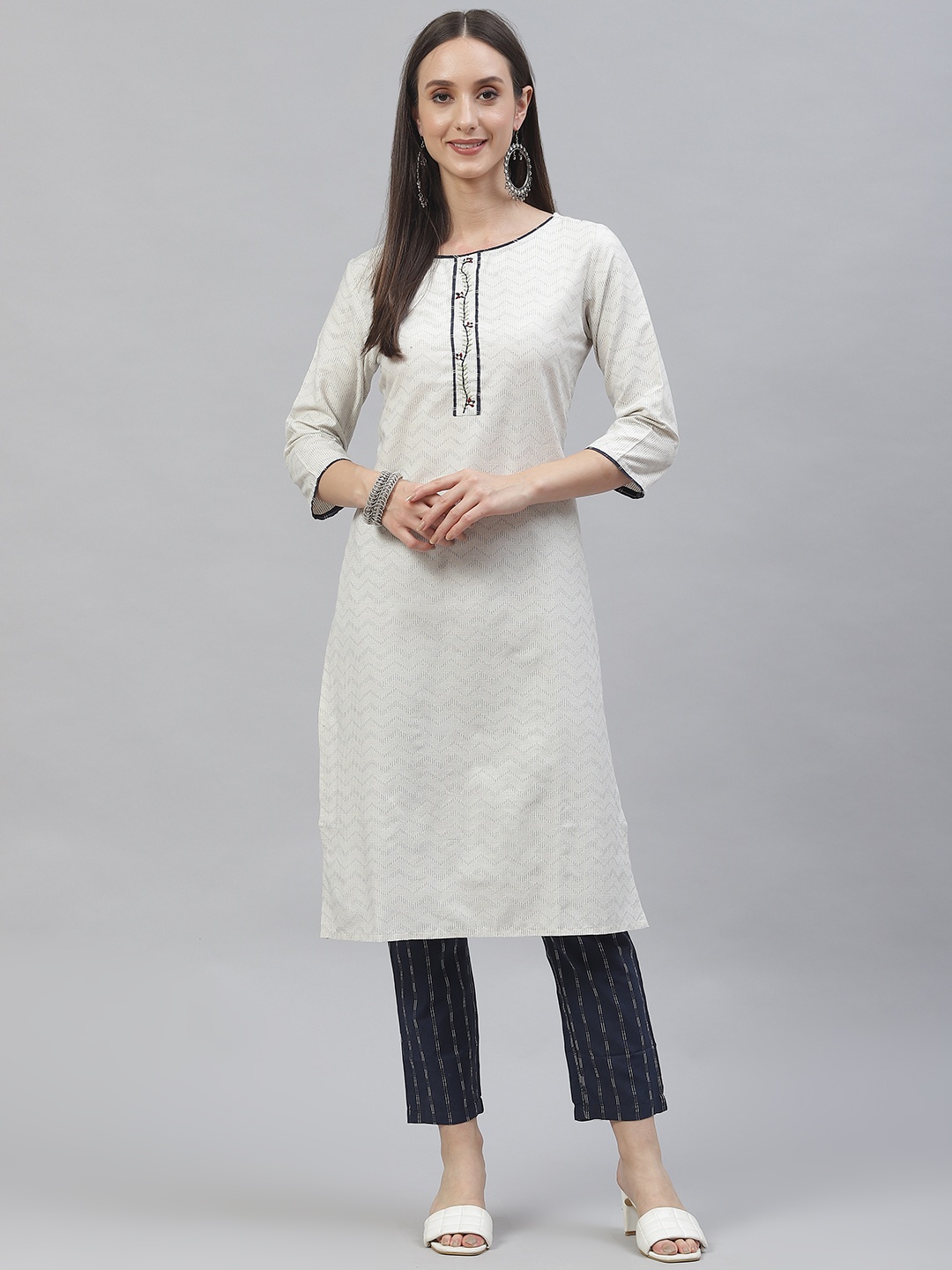 

INDYES Women White Pure Cotton Kurta with Trousers