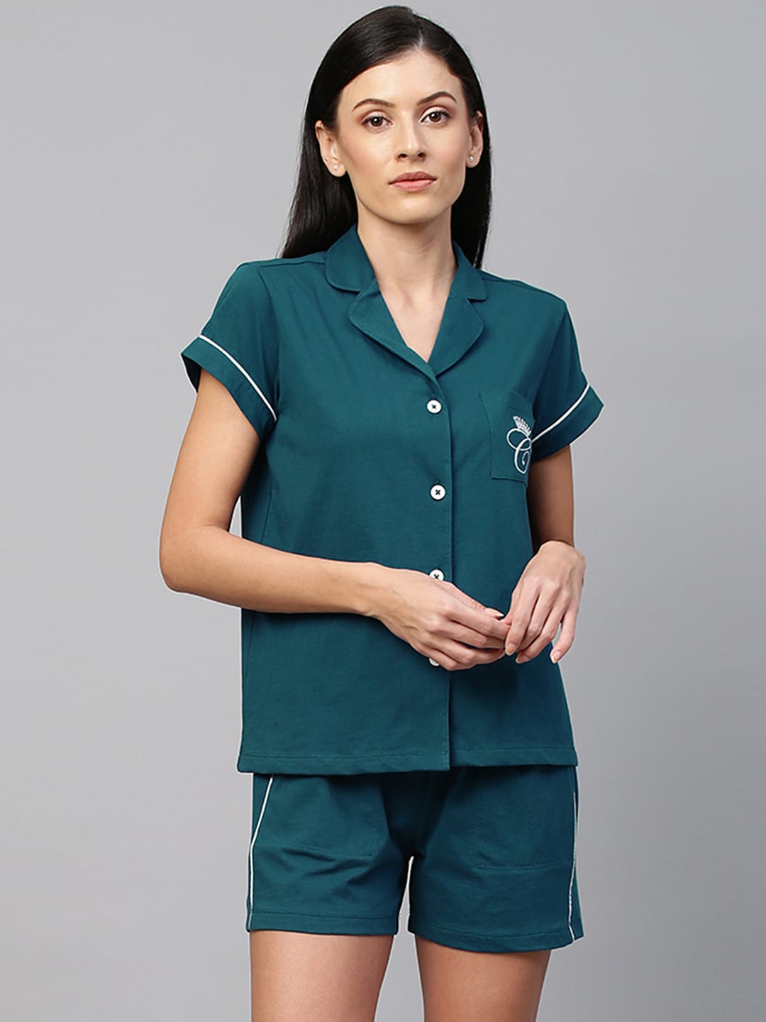 

Chemistry Women Teal Green & White Solid Cotton Night suit