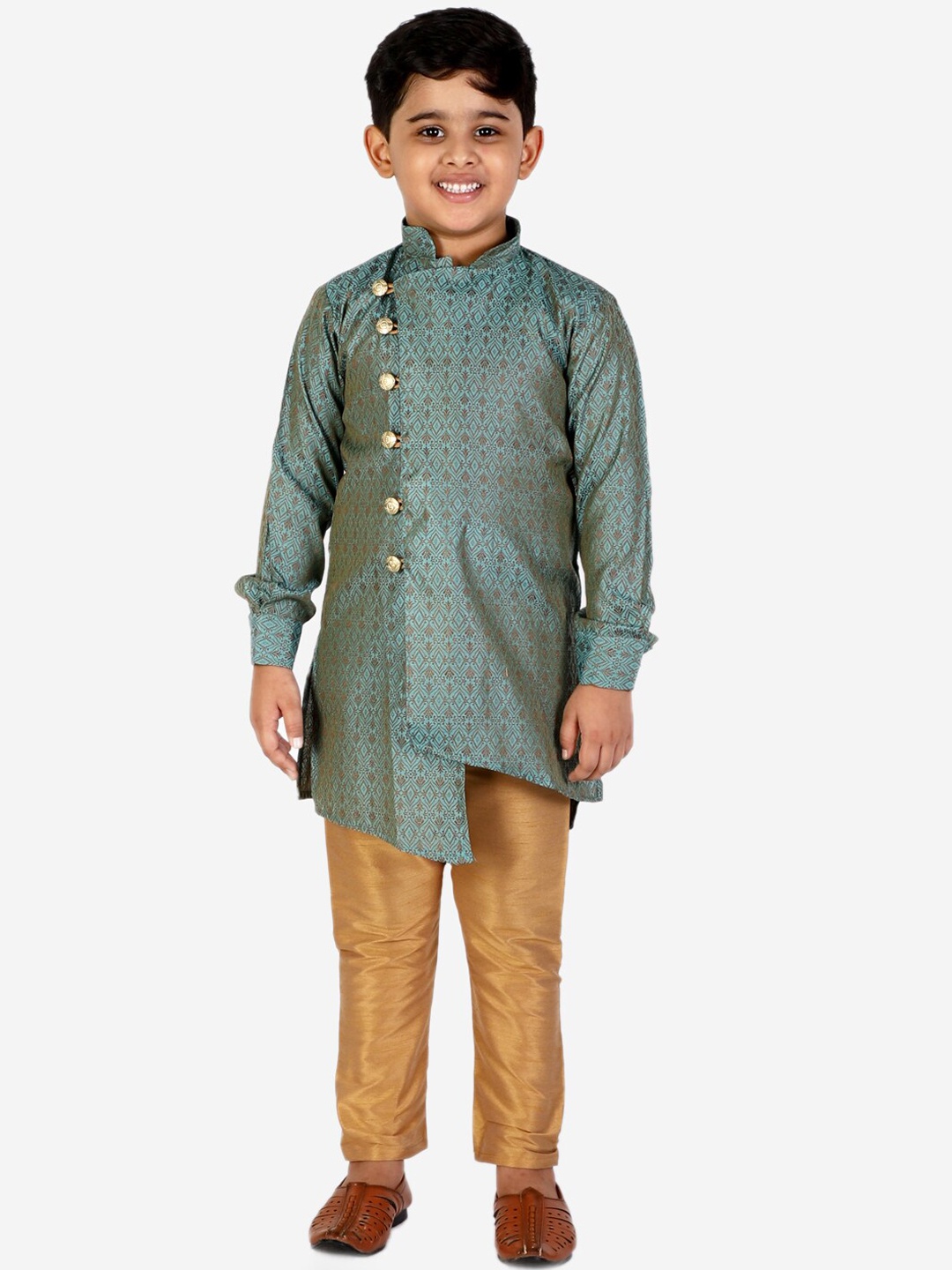 

Pro-Ethic STYLE DEVELOPER Boys Green Angrakha Pure Silk Kurta with Trousers