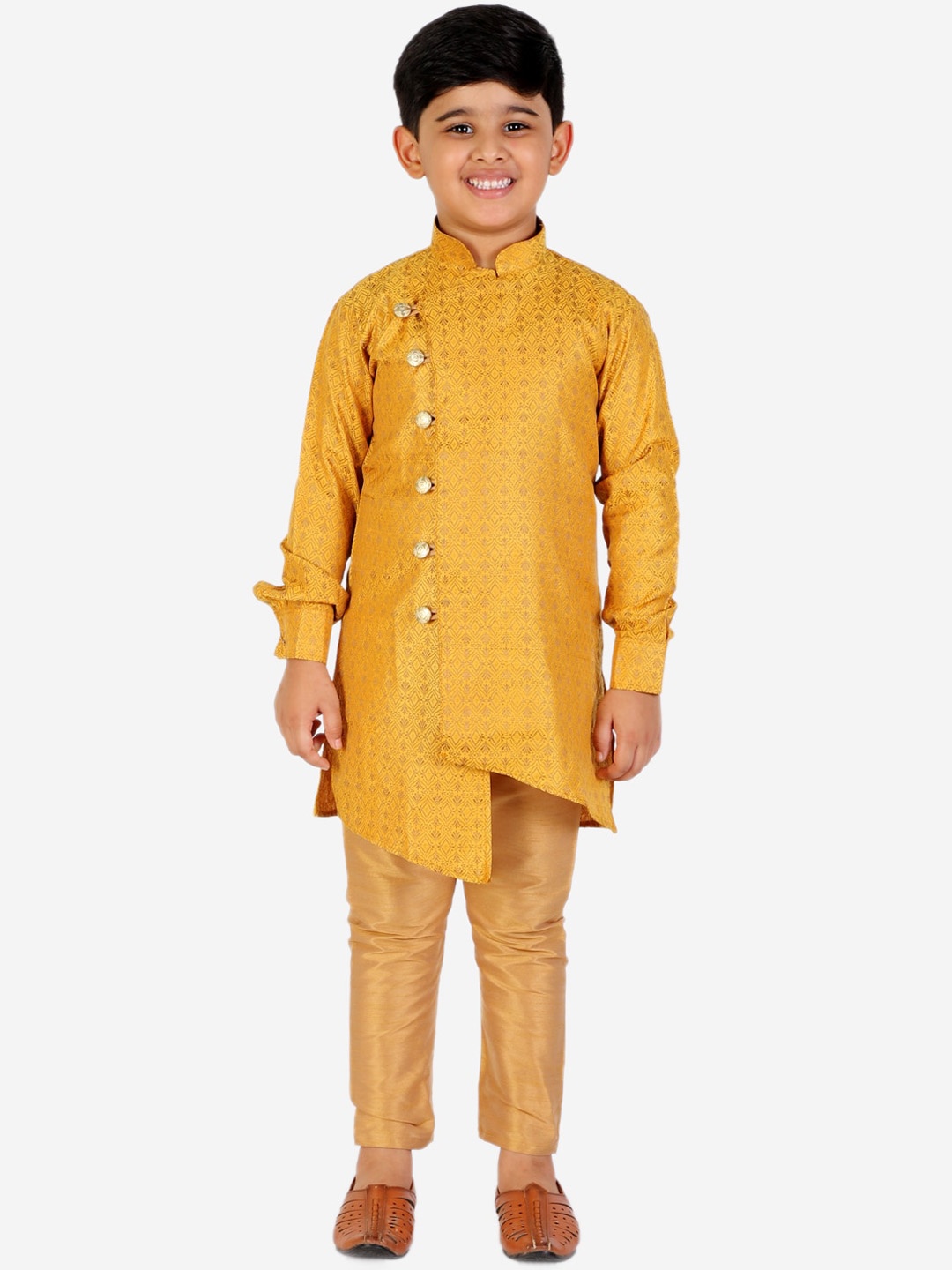 

Pro-Ethic STYLE DEVELOPER Boys Yellow Angrakha Pure Silk Kurta with Pyjamas