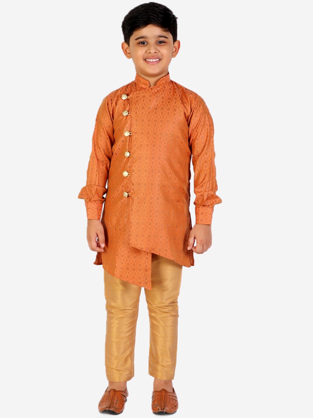 

Pro-Ethic STYLE DEVELOPER Boys Orange Angrakha Pure Silk Kurta with Pyjamas